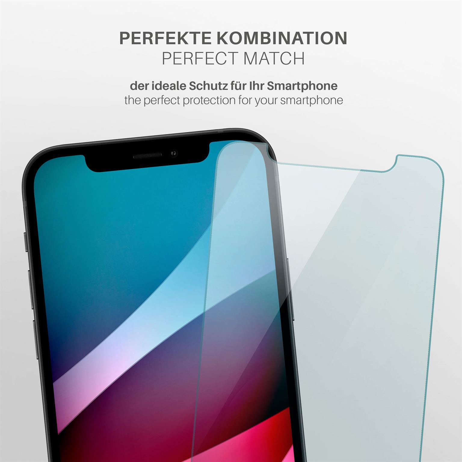 Telefon mit Displayschutz. Text auf Deutsch: Perfekte Kombination, perfekter Schutz für Ihr Smartphone.