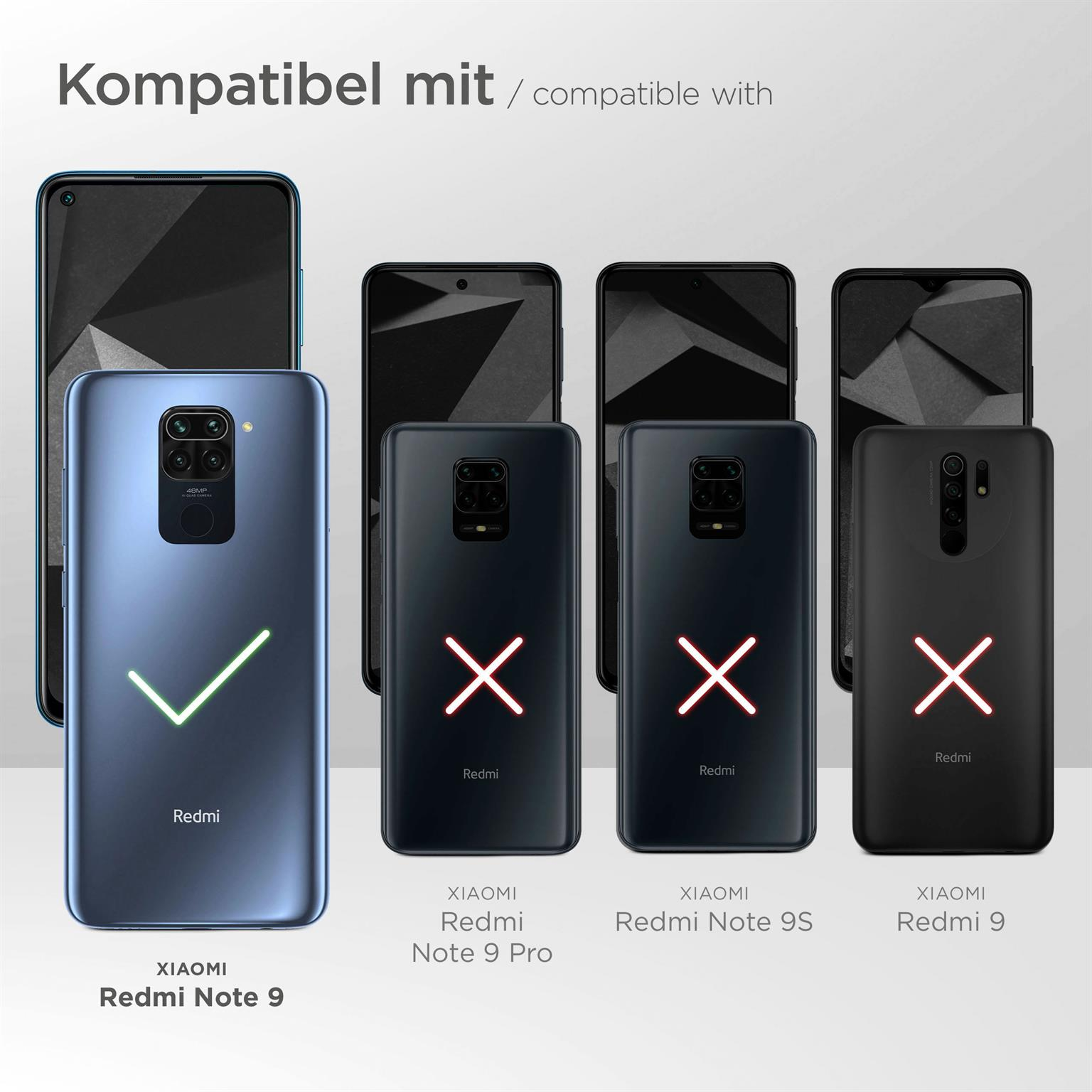 Bild zeigt Telefone mit Häkchen und Kreuzen. Xiaomi Redmi Note 9 ist kompatibel.