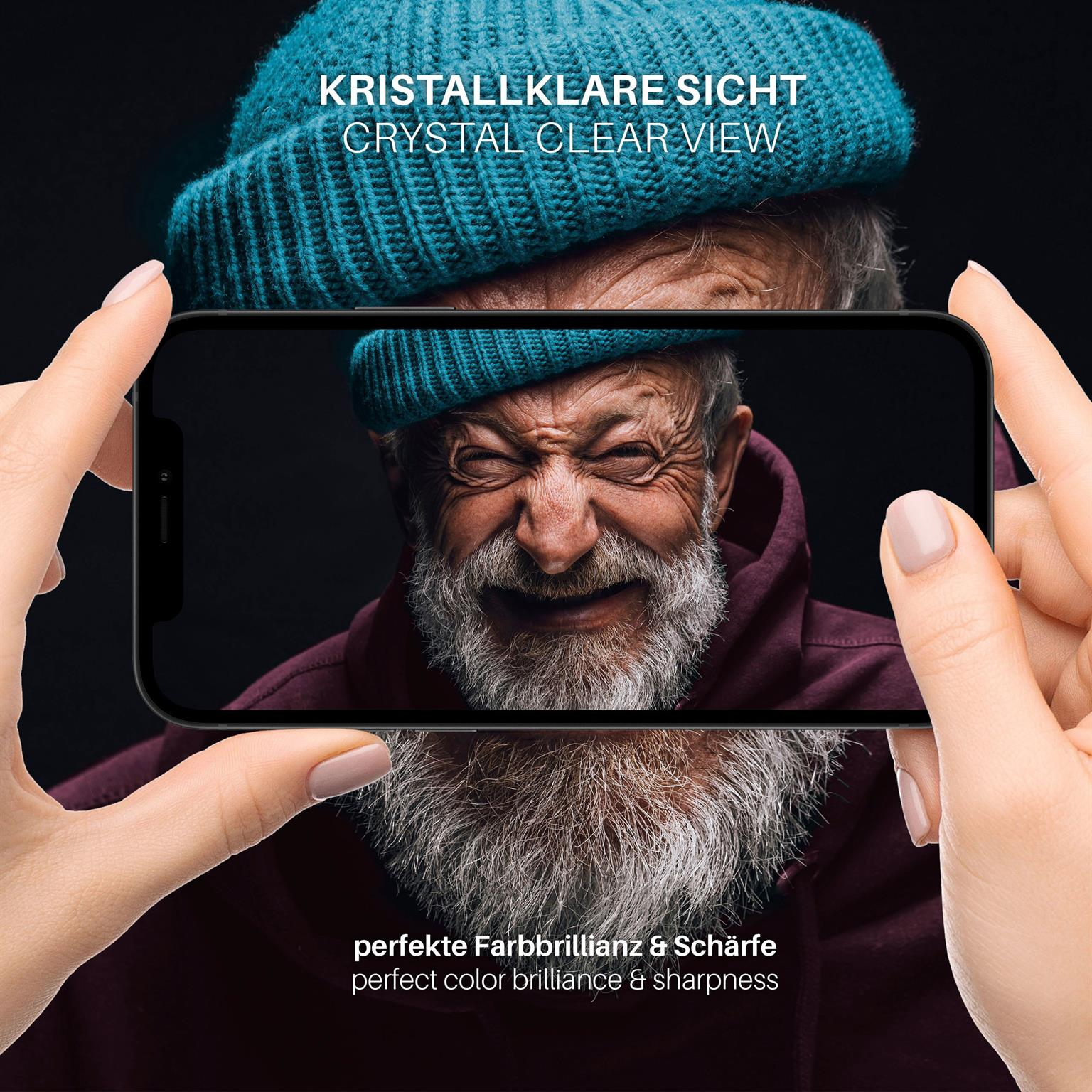 Hände halten Telefon, Bildschirm zeigt lächelnden älteren Mann. Text: kristallklare Sicht & Schärfe.