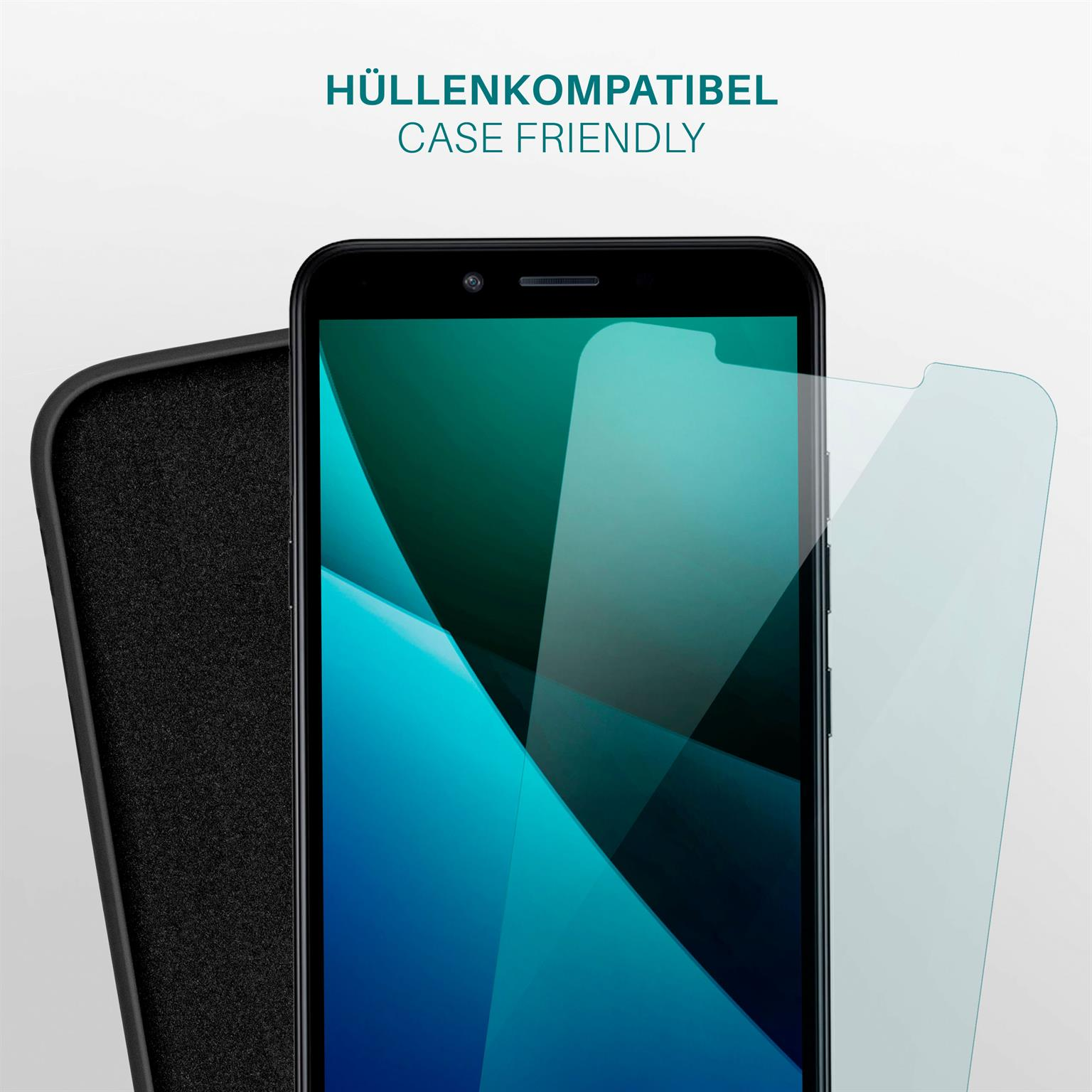 Blauer Blaulichtschutz auf einer schwarzen Handyhülle und einem Telefon platziert.