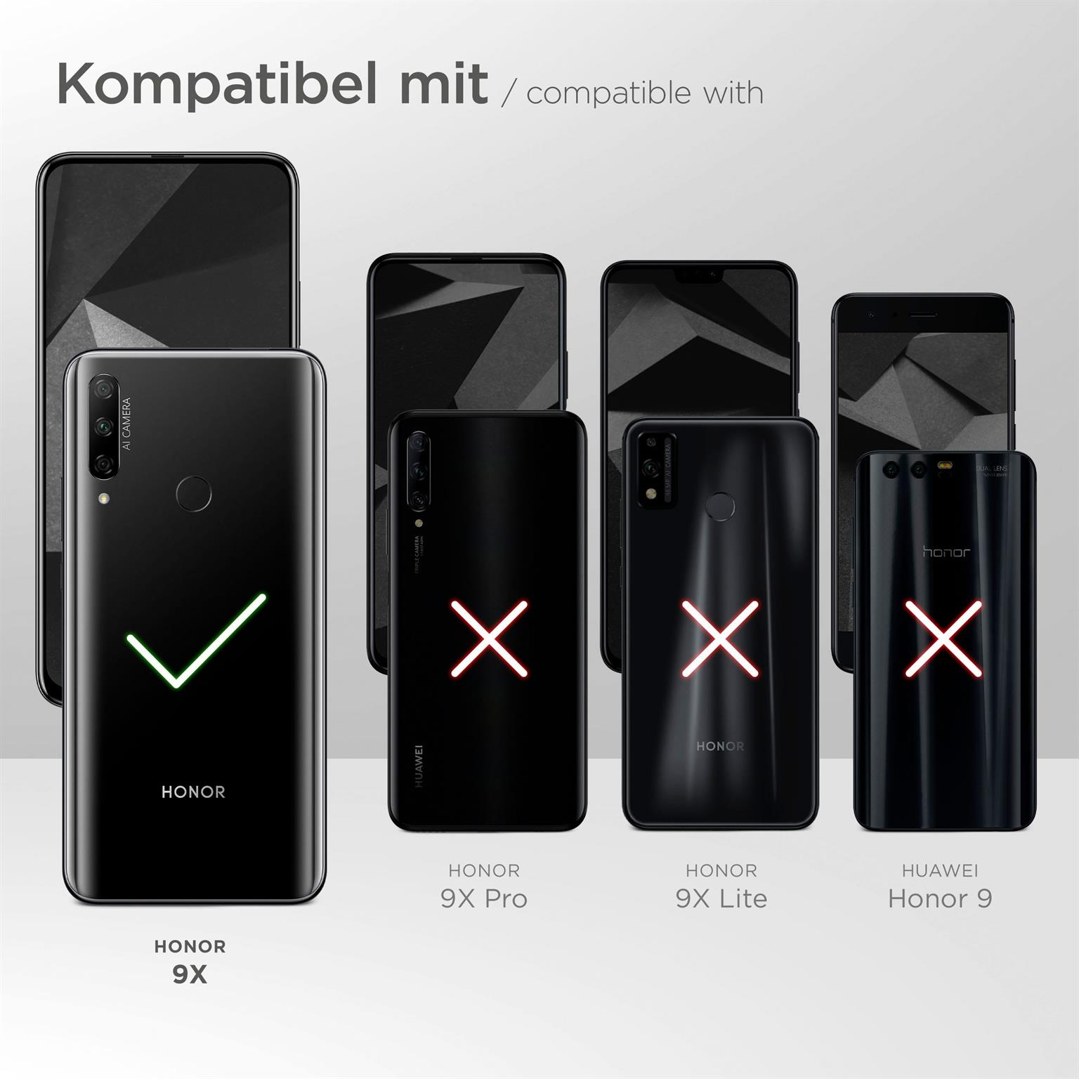 Das Bild zeigt die Kompatibilität für Honor 9X mit Häkchen und andere Telefone mit X-Markierungen.