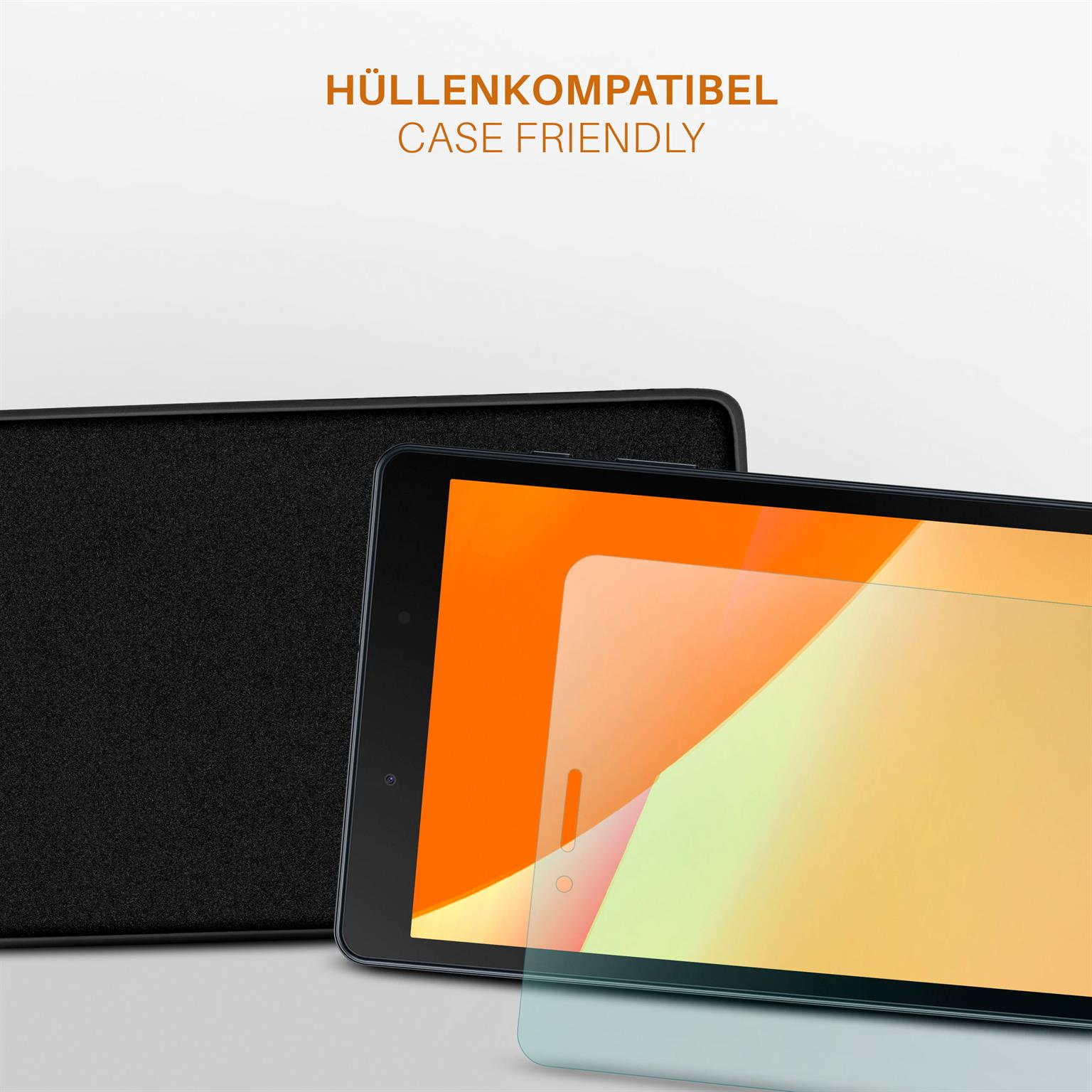 Tablet in Hülle, Displayschutz daneben. Tablet-Bildschirm zeigt einen orangefarbenen Farbverlauf.