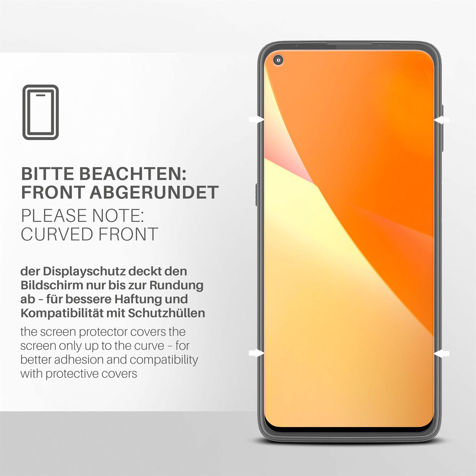 Smartphone mit orangenem Displayschutz. Text auf Deutsch und Englisch: 'Curved Front'.