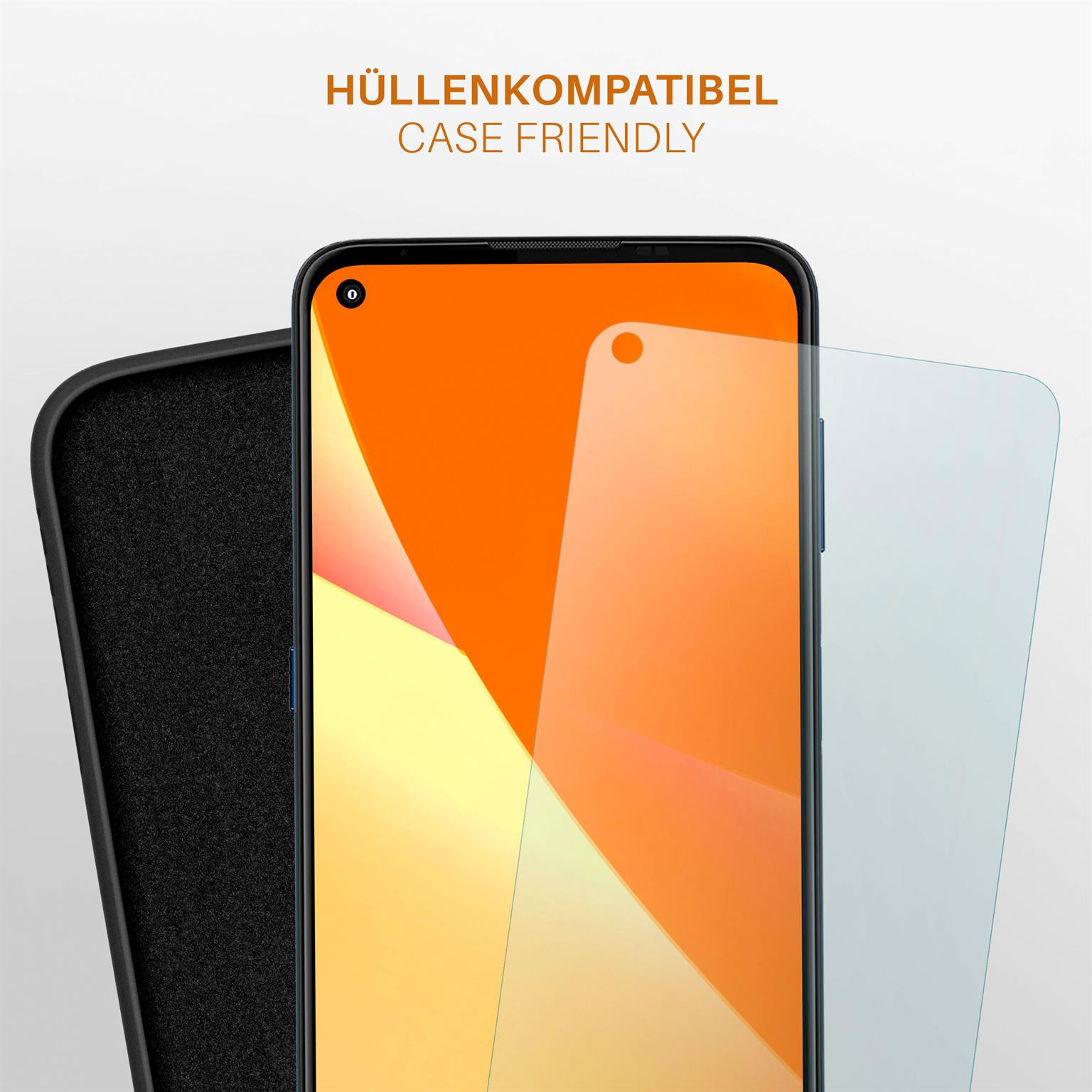Telefonscreen mit Schutzfolie und Hülle. Text: Hüllenkompatibel. Orange und Gelb Gradient.