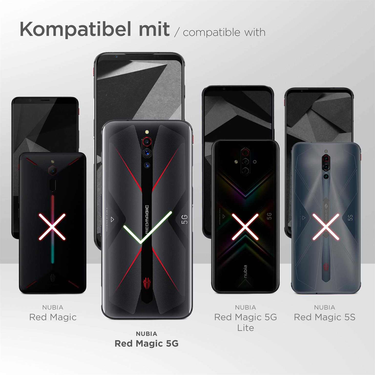 Mehrere Telefone mit verschiedenen Designs, verschiedenen Farben. Text: 'Kompatibel mit' und Telefonnamen.