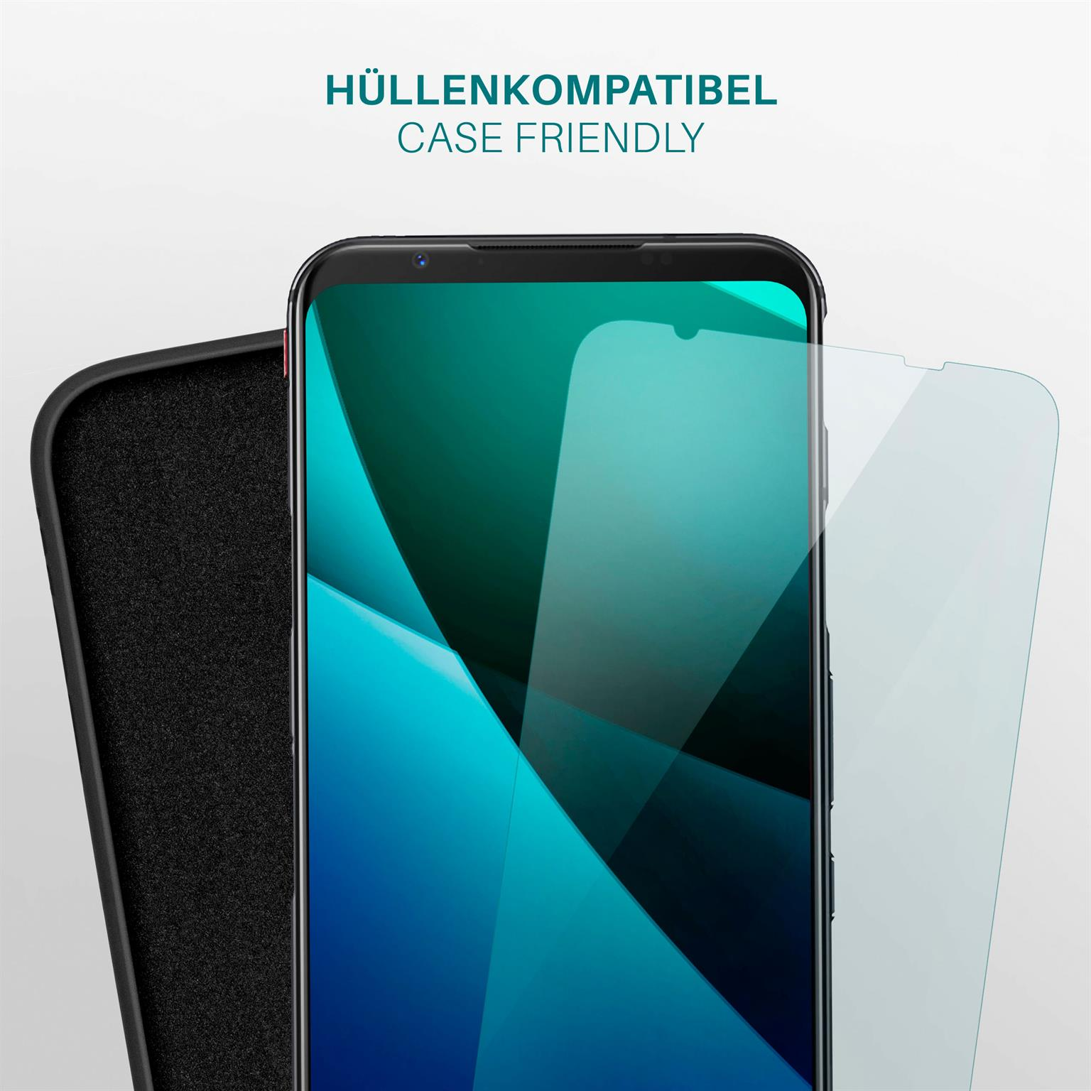 Ein Displayschutz und eine Handyhülle liegen neben einem Telefon. Text: Hüllenkompatibel.