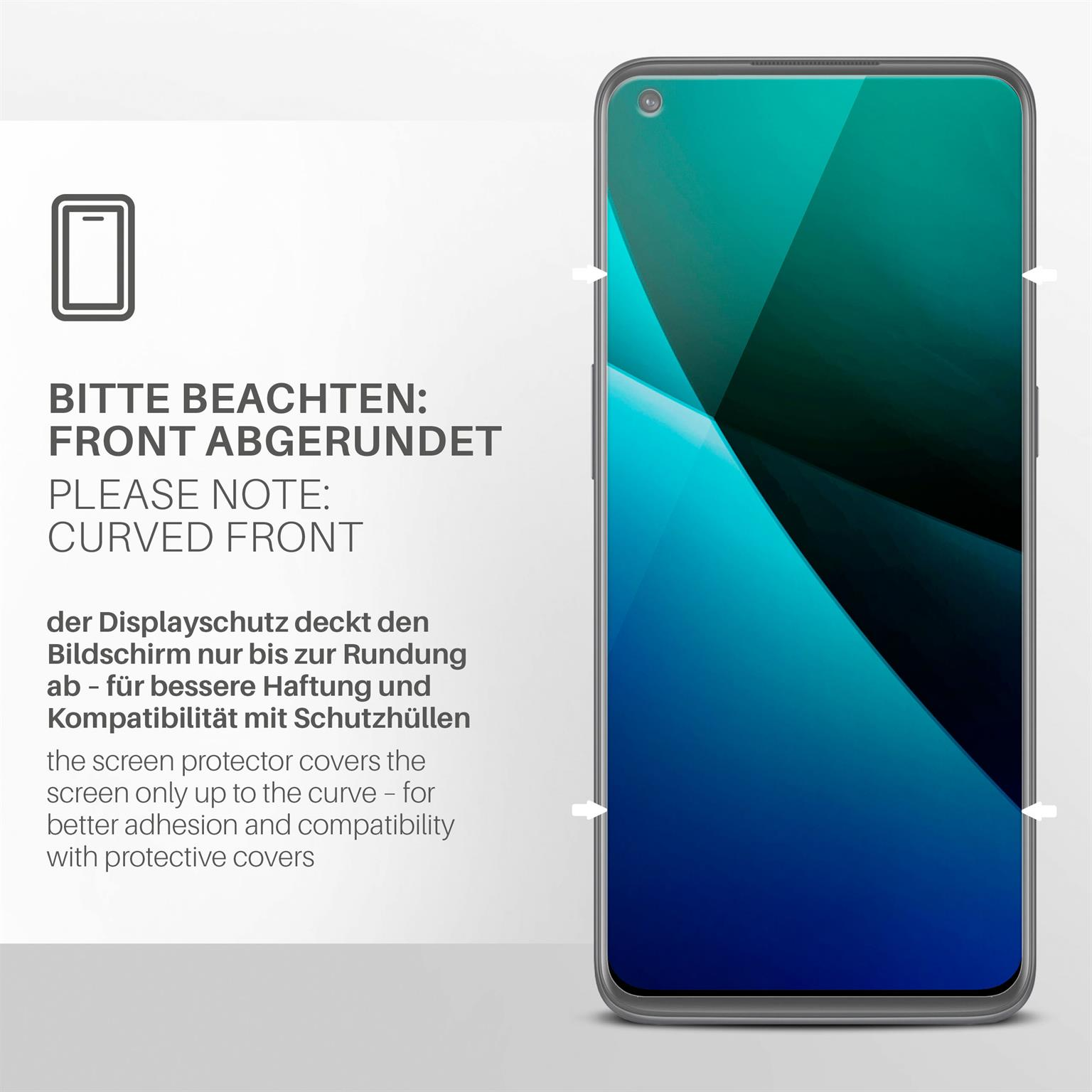 Telefon mit gewölbtem Displayschutz und Text. Hinweis: Abgerundete Front.