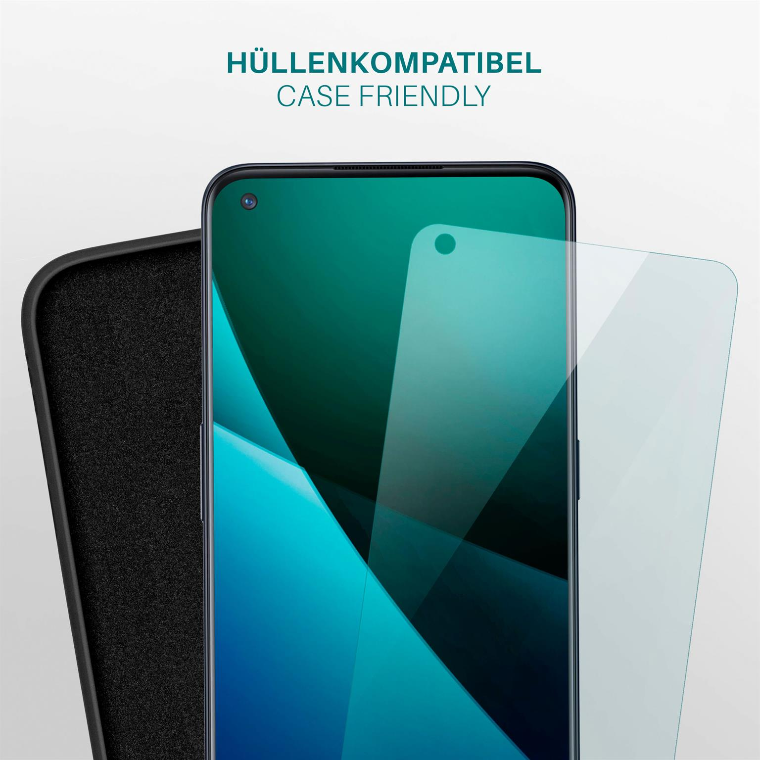 Telefon mit Displayschutz, schwarzer Hülle und Text 'Case Friendly'. Heller Hintergrund.