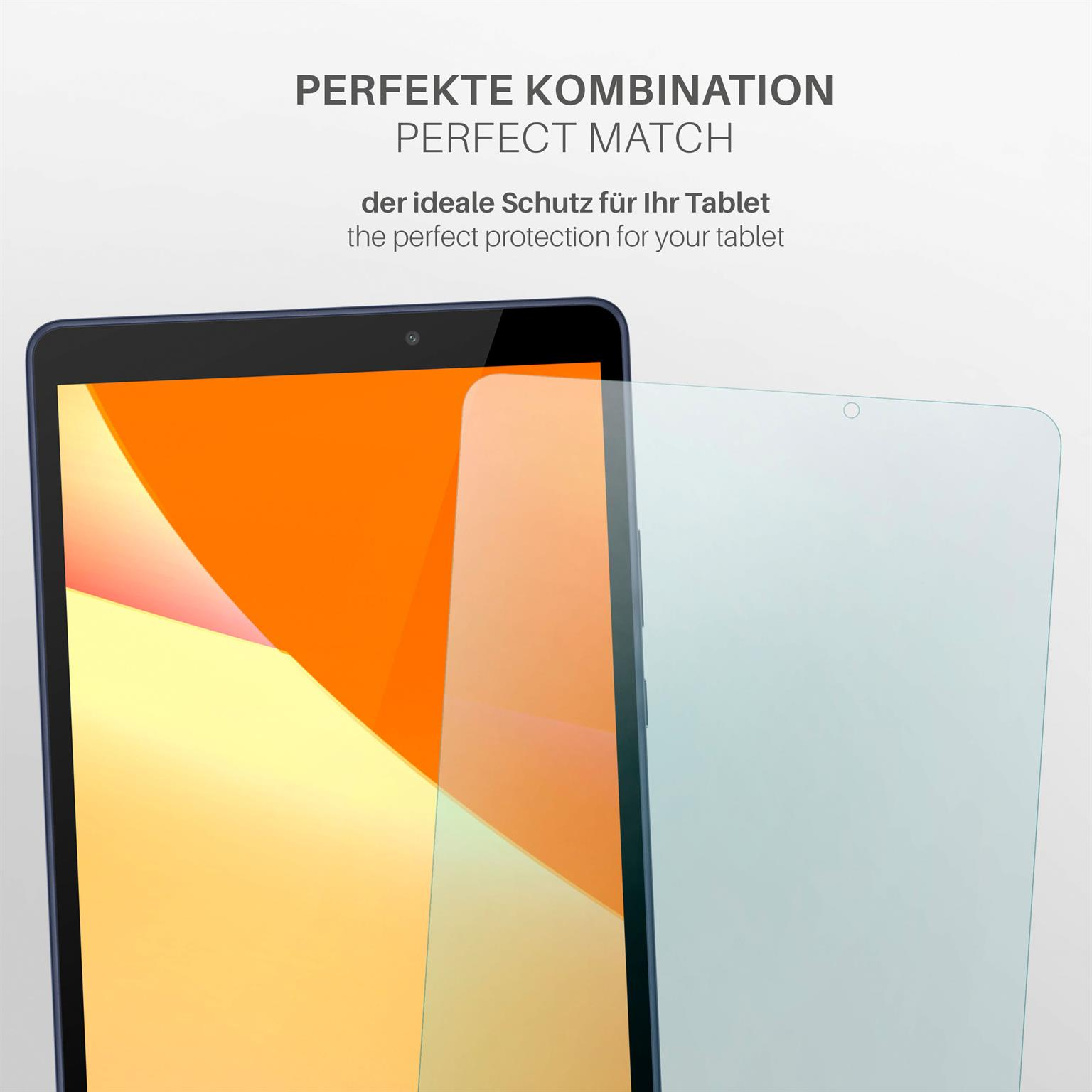 Tablet mit angebrachter Displayschutzfolie, orangefarbener Hintergrund.