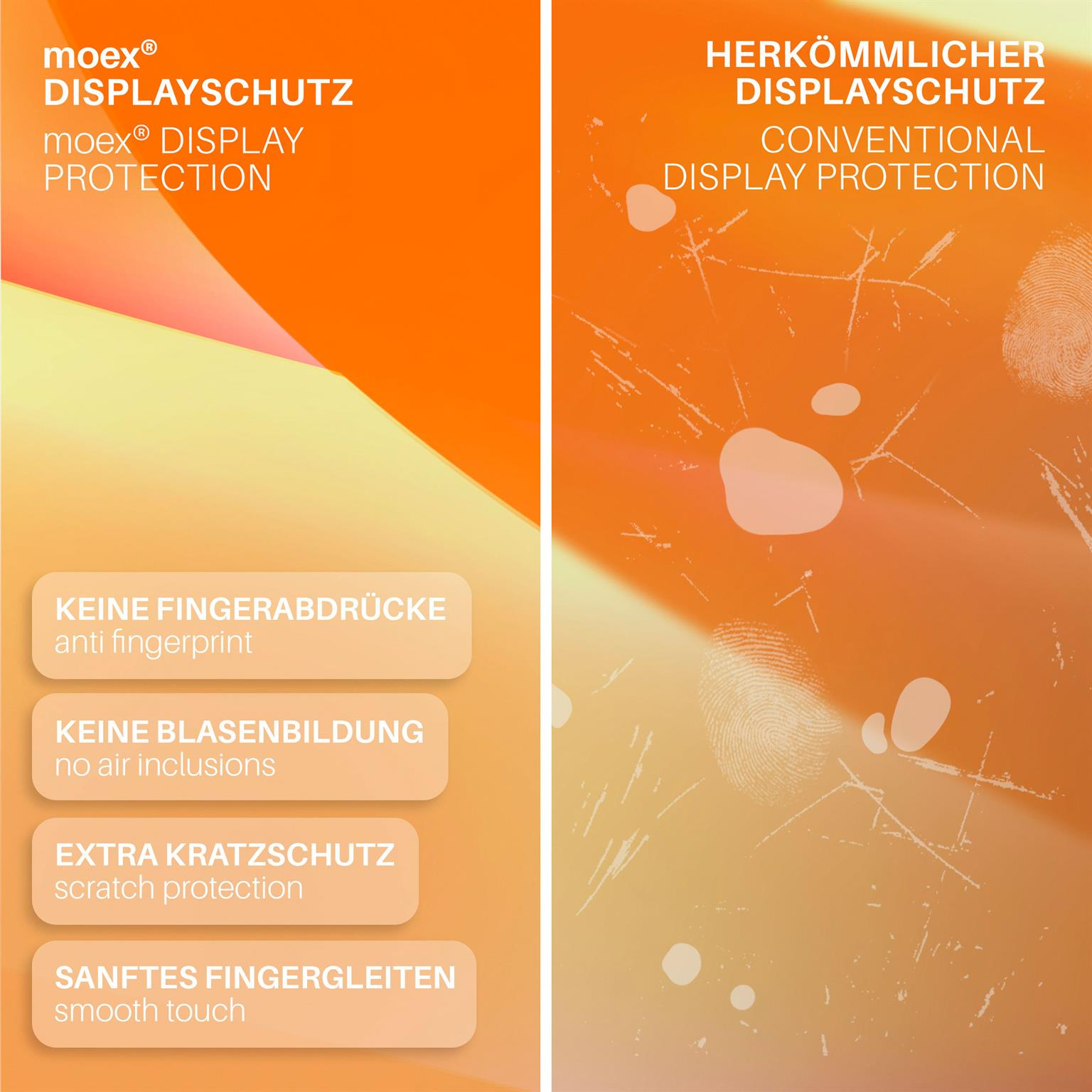 Zwei Tafeln mit Text, eine sagt moex Displayschutz, die andere konventioneller Displayschutz.