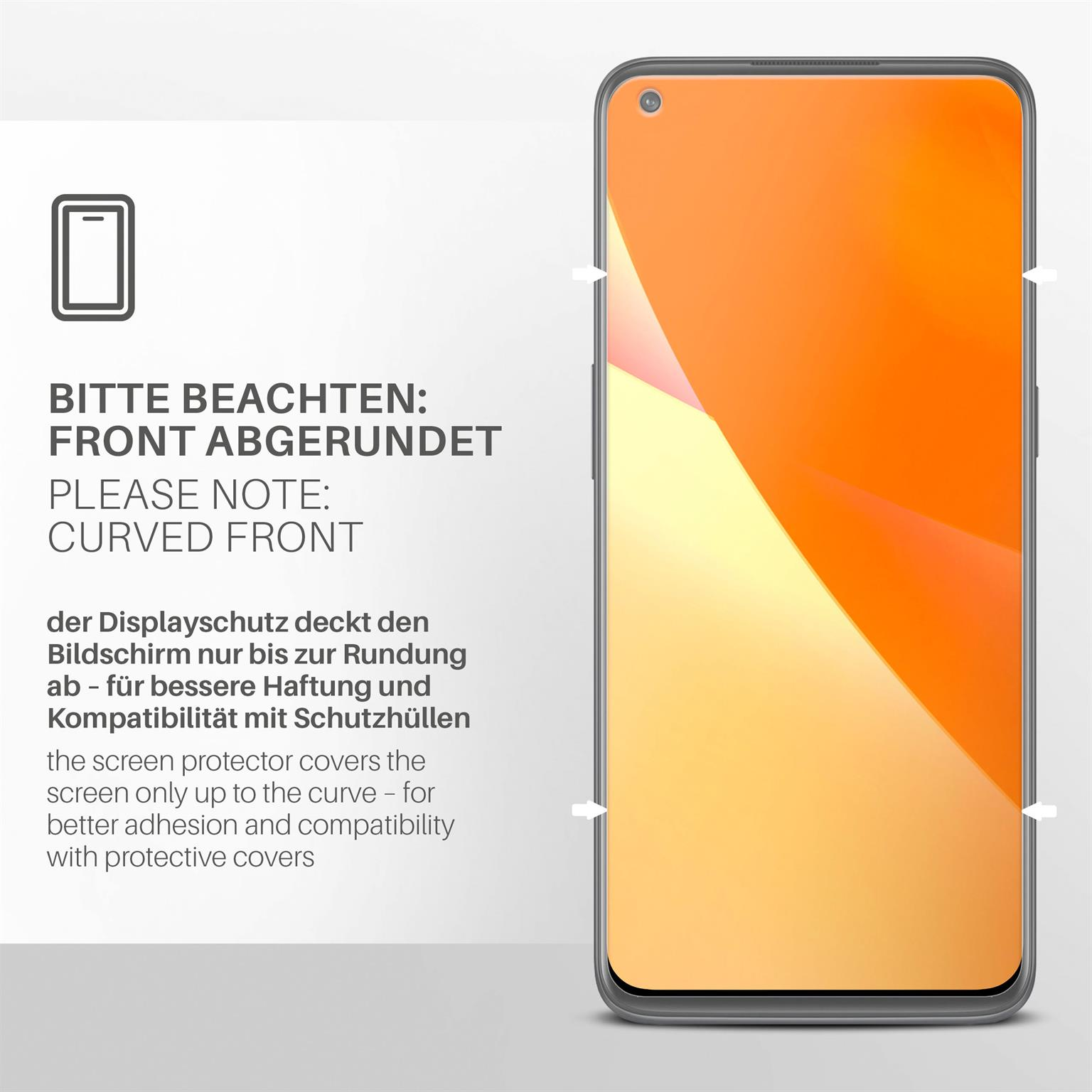 Displayschutz auf Telefon. Text: Abgerundete Front. Hintergrund: Weiß.
