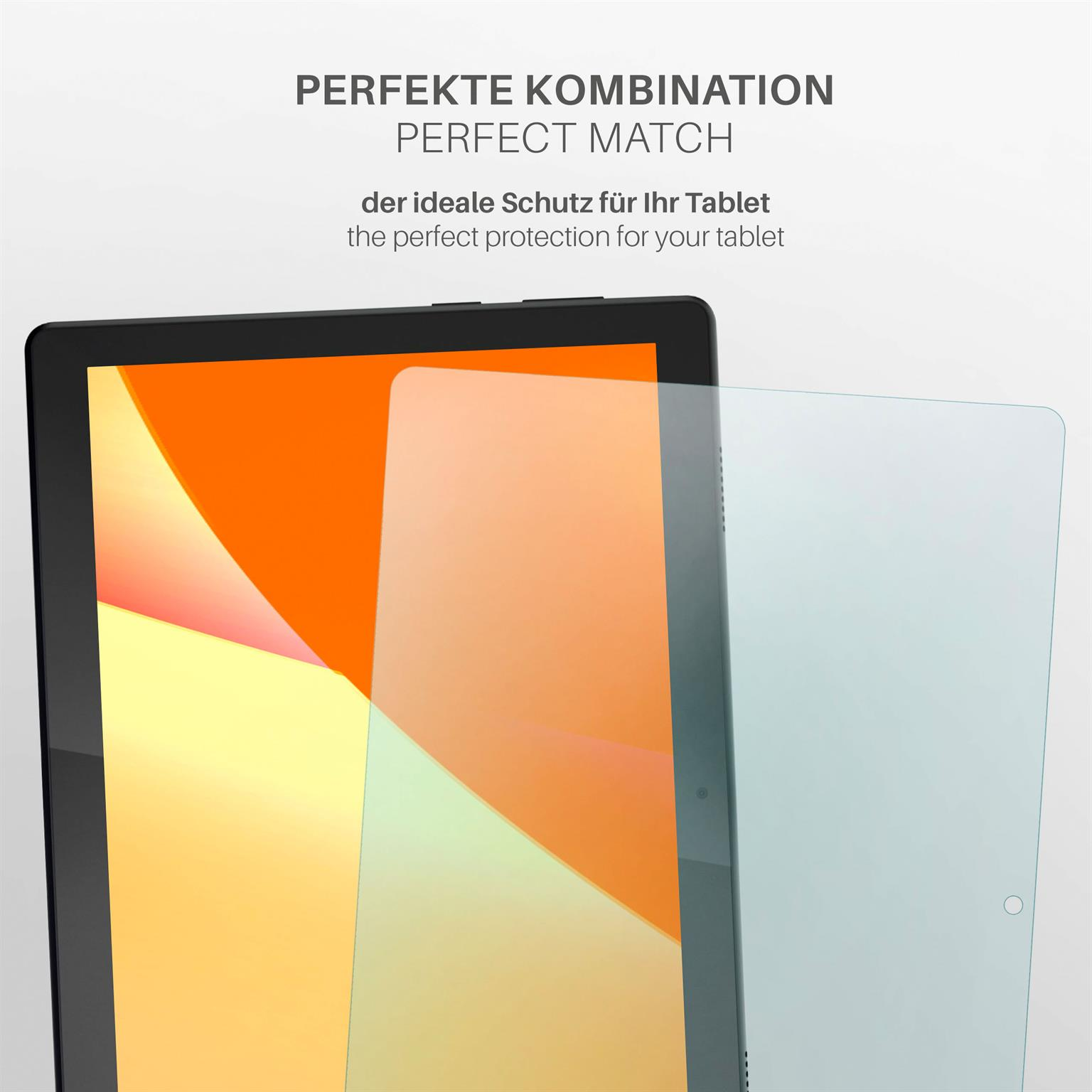 Tablet mit Displayschutzfolie, klarer Kunststoff, auf hellem Hintergrund, Orange und Gelb.