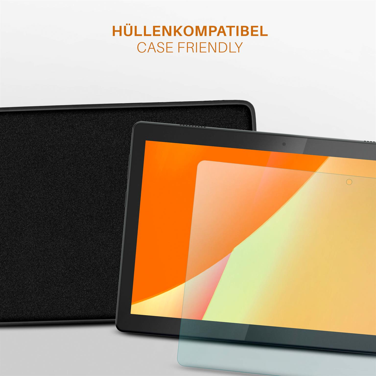 Tablet mit Displayschutzfolie und Hülle. Oranger Bildschirm, schwarze Hülle links.
