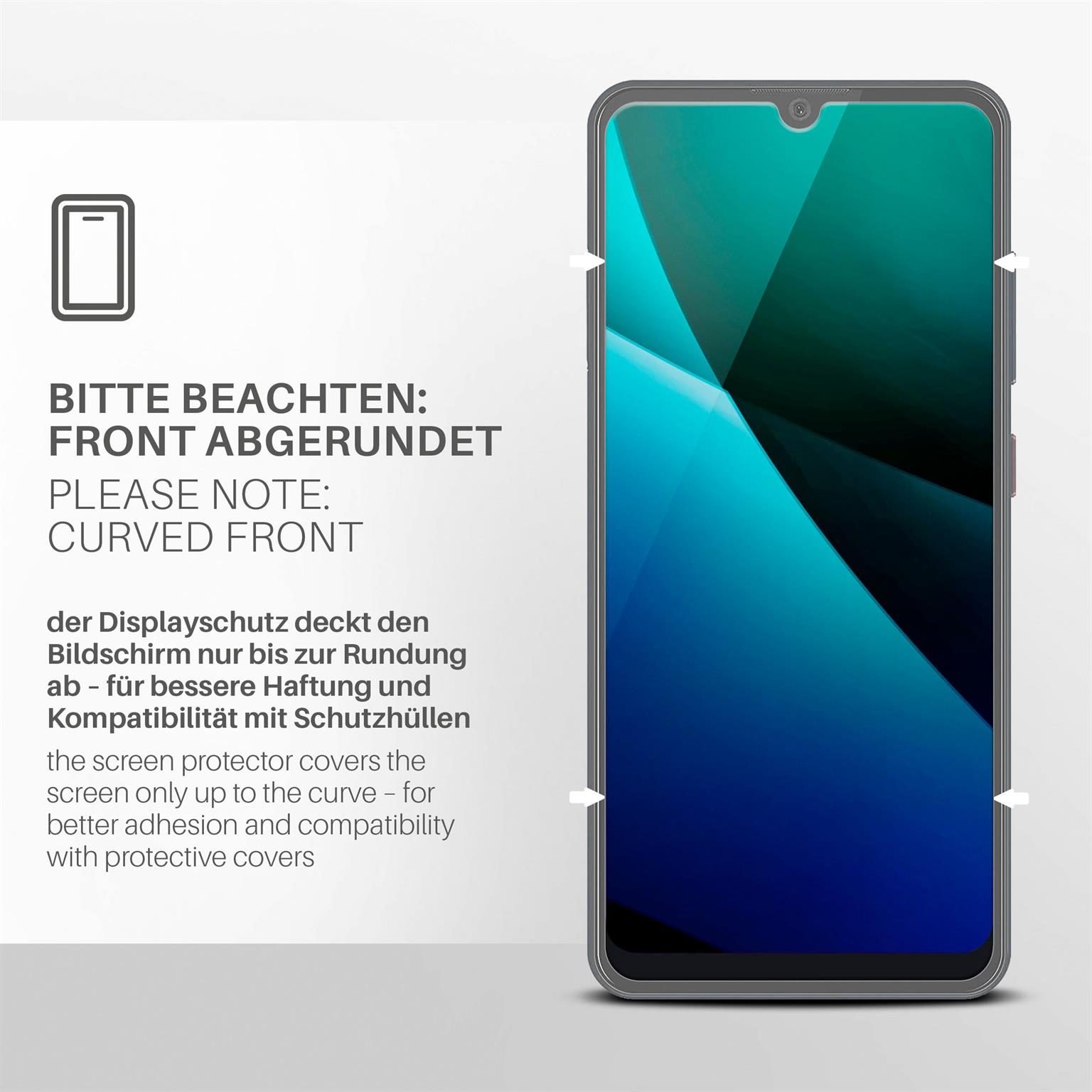 Telefon mit Displayschutz, abgerundete Front. Text: Bitte beachten: Abgerundet.