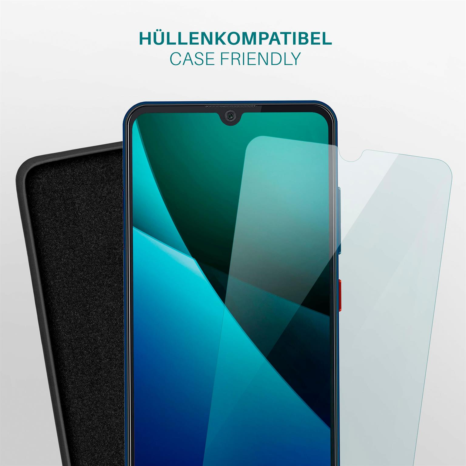 Ein Telefon mit angebrachtem Displayschutz neben einer schwarzen Handyhülle. Der Hintergrund ist weiß.