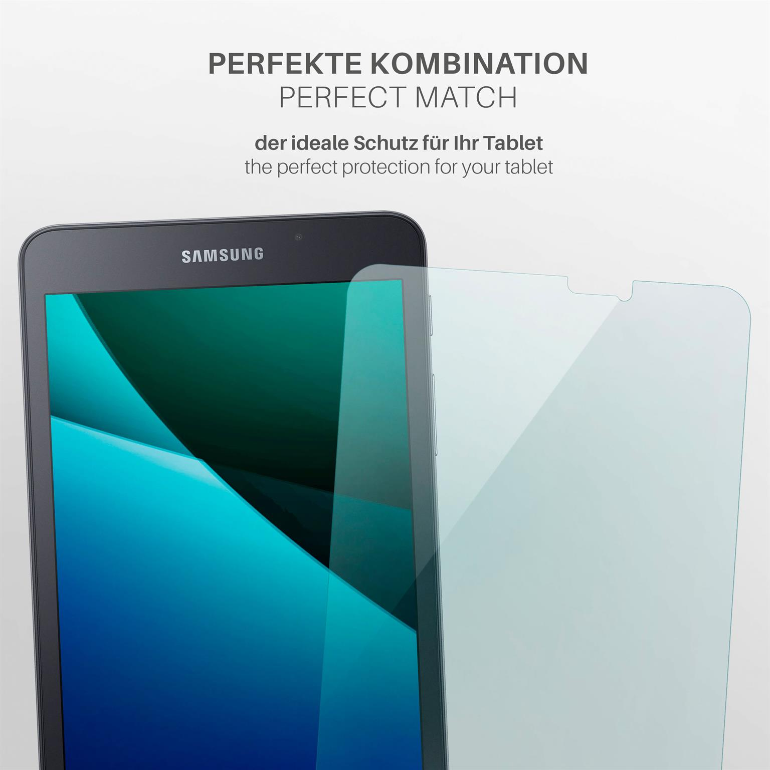 Ein Tablet mit angebrachter Displayschutzfolie, mit Text.