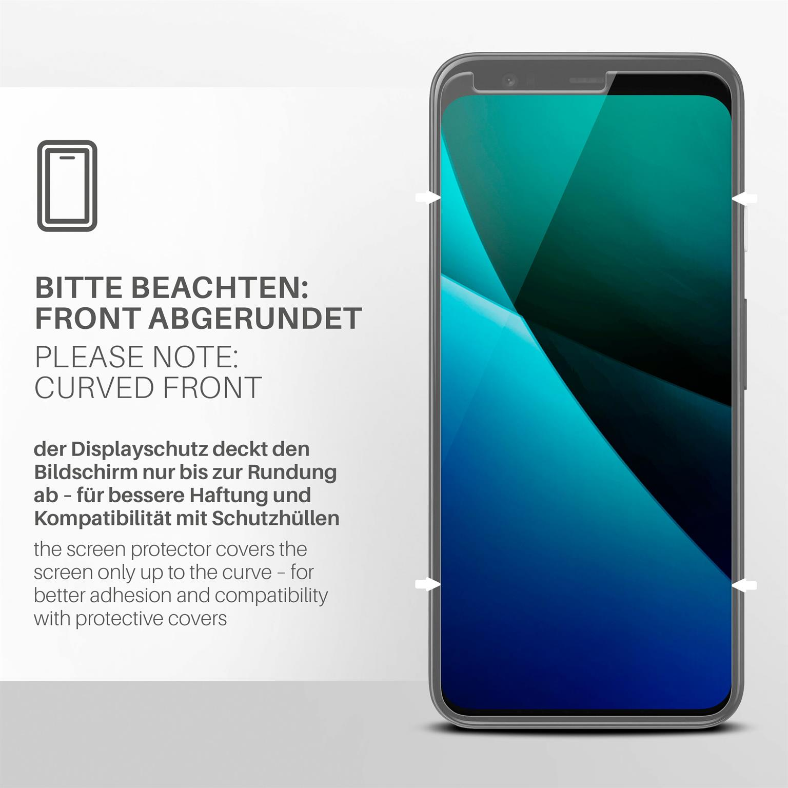 Smartphone mit gewölbter Front, mit Text zur Displayschutz-Kompatibilität.