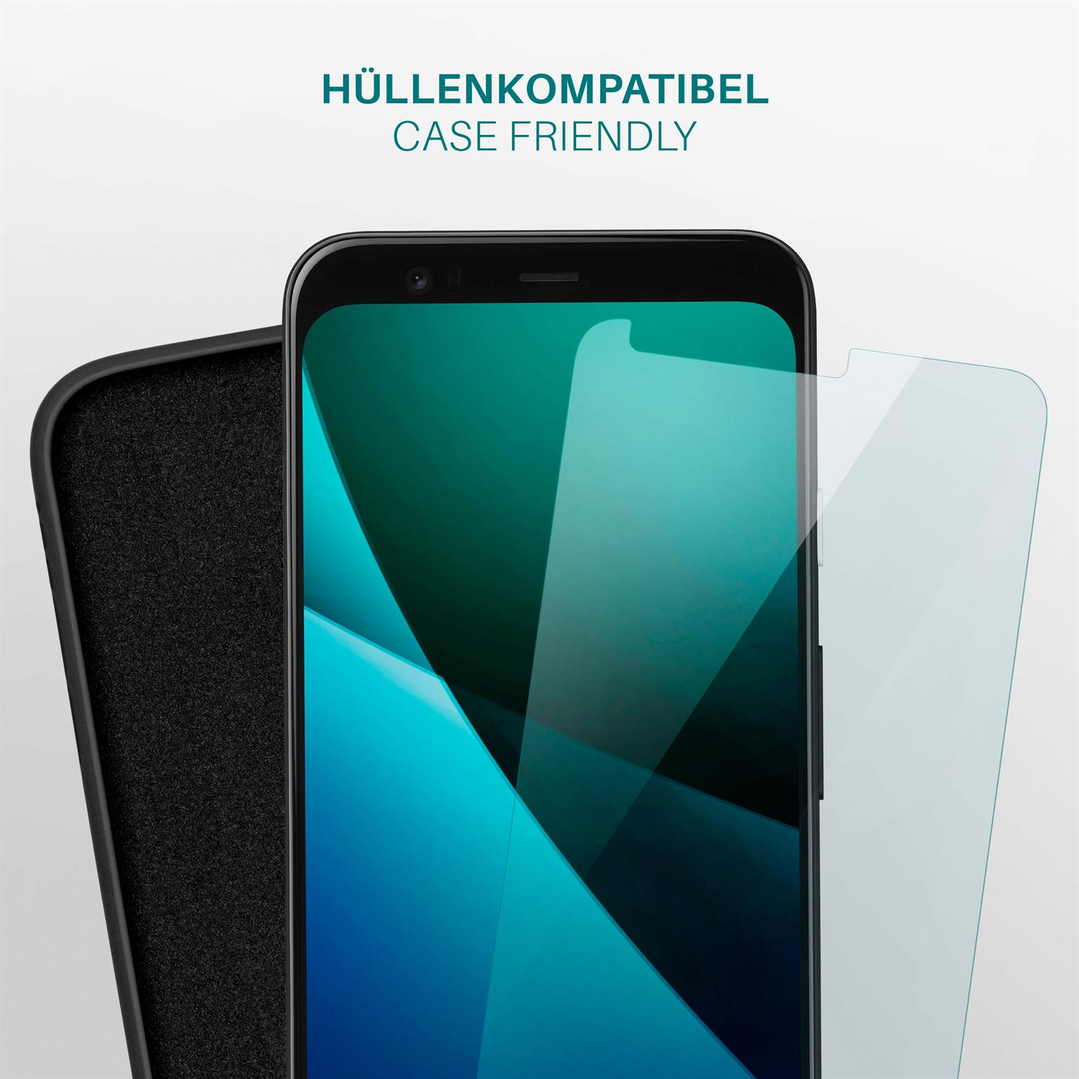 Smartphone mit Displayschutz neben einer schwarzen Handyhülle. Der Bildschirm zeigt ein türkisblaues Design.