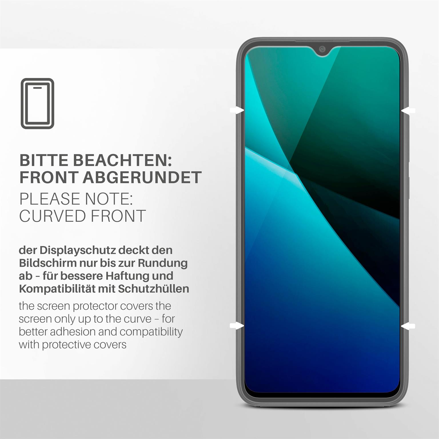 Ein Smartphone mit gewölbter Vorderseite, das einen Displayschutz zeigt. Der Bildschirm zeigt blaue und dunkelblaue Farben.
