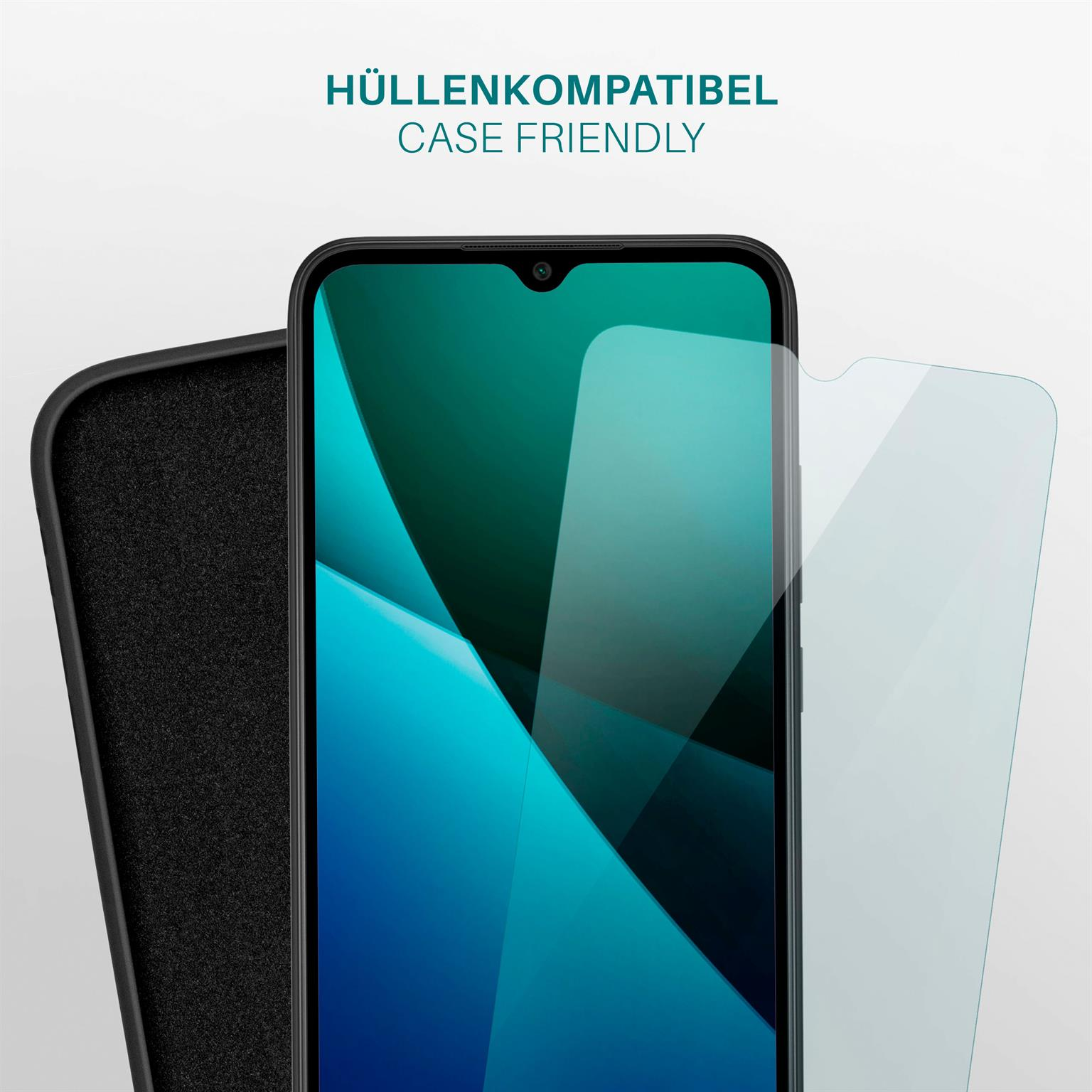 Telefon mit schwarzem Rahmen und Displayschutz. Text: hüllenfreundlich. Blau und grüner Bildschirm.