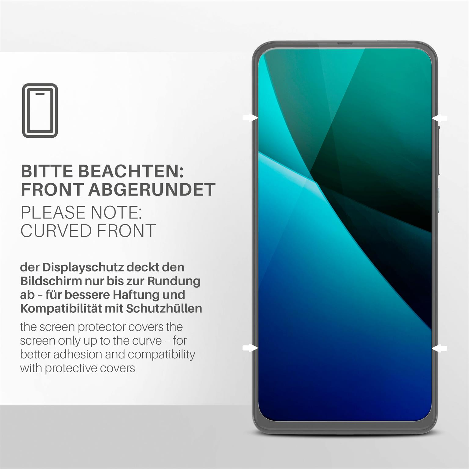 Ein Telefon wird gezeigt. Beachten Sie die abgerundete Front. Der Bildschirm ist blau und dunkelblau.