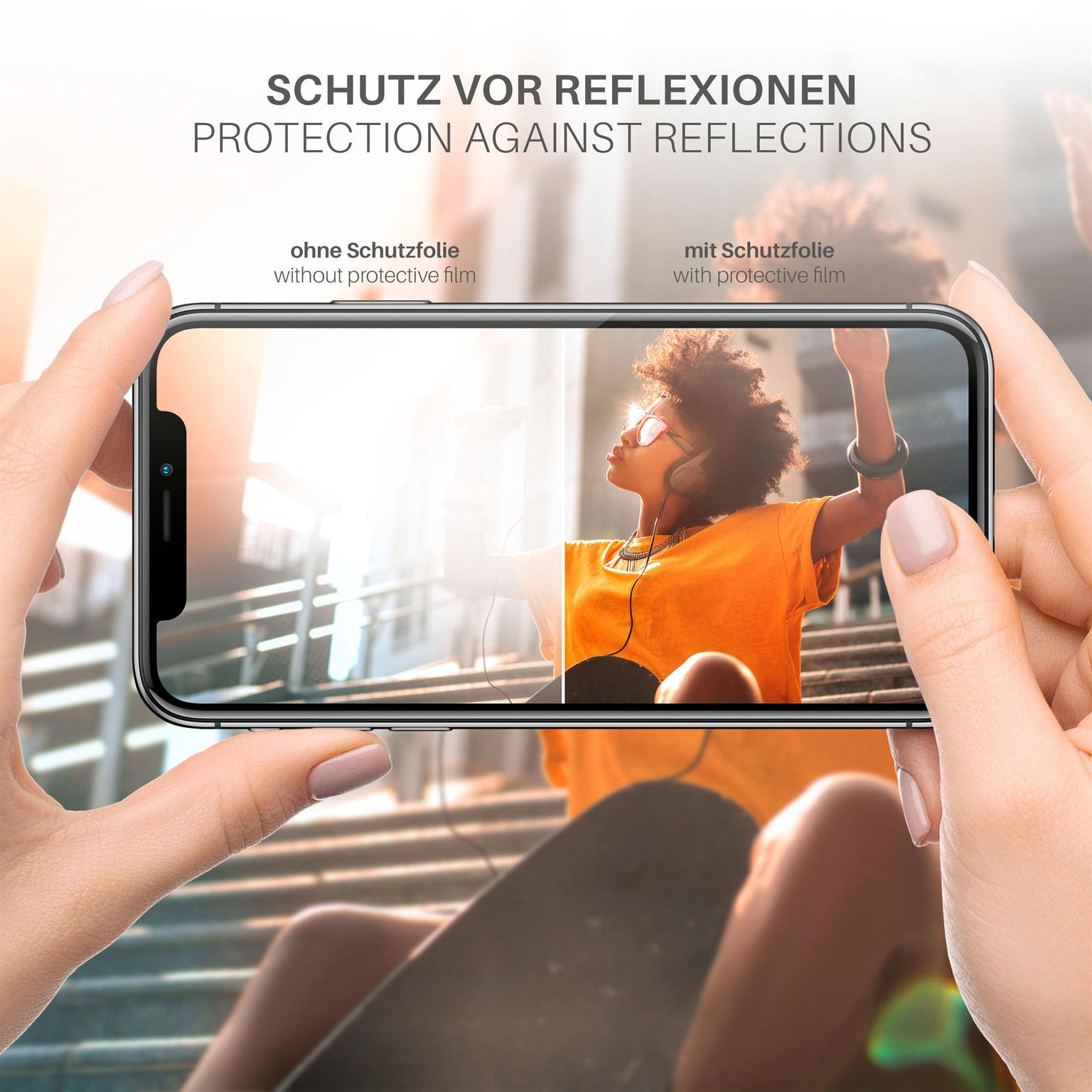 Hände halten ein Telefon, das eine Person mit Kopfhörern zeigt. Oben steht 'Schutz vor Reflexionen'.