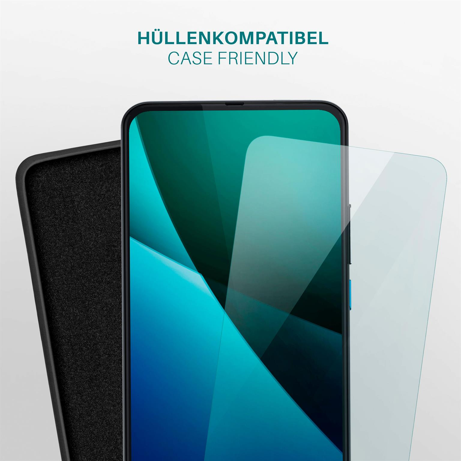 Telefon in Hülle, Displayschutz daneben. Telefonbildschirm zeigt grün-blauen Farbverlauf.