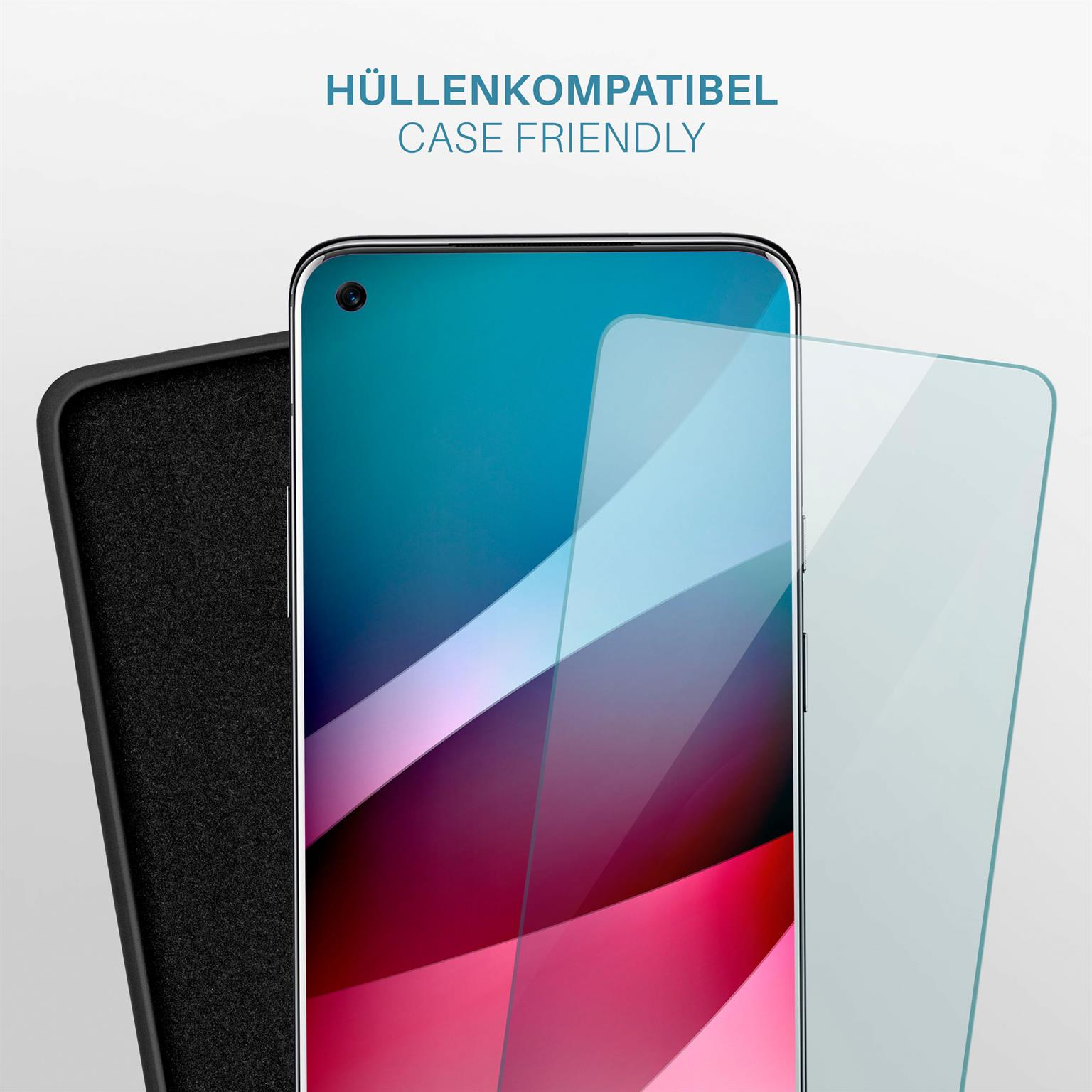 Telefon mit Displayschutz, Hülle und Displayschutz. Das Telefon steht im Zentrum.
