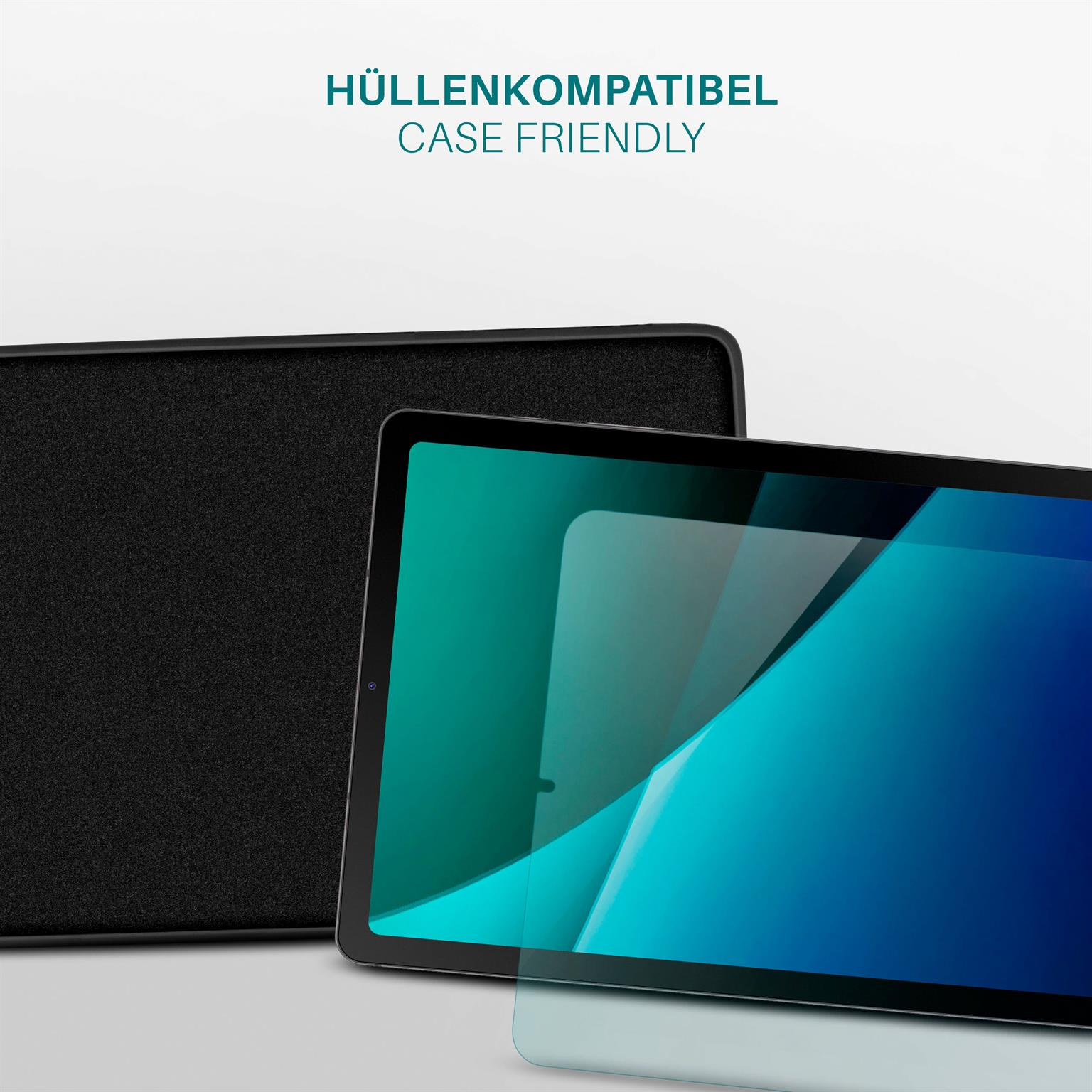 Tablet, Hülle und Displayschutz. Text sagt Gehäusefreundlich. Schwarzer und blauer Hintergrund.