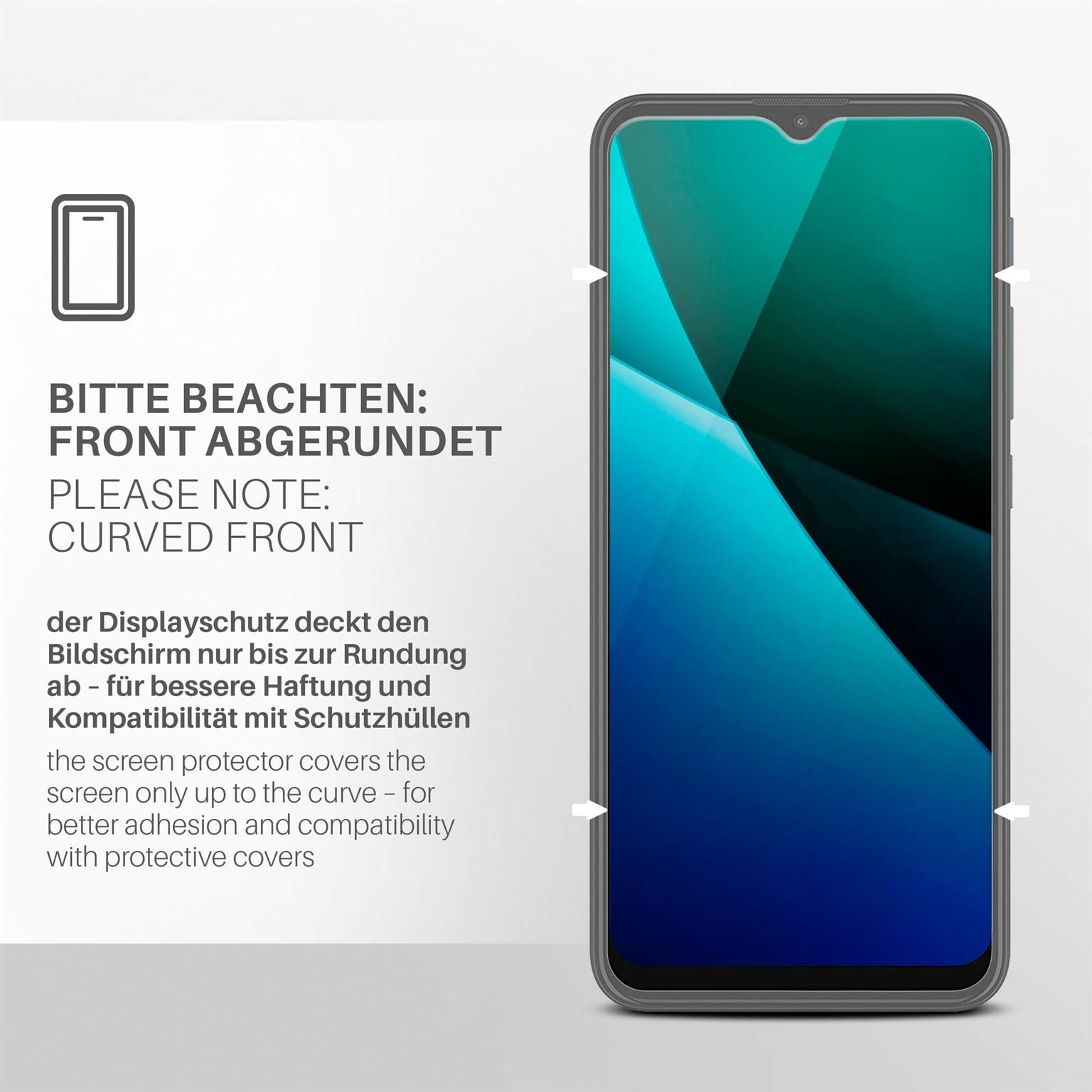 Telefon mit Displayschutz. Text: Bitte beachten: Abgerundete Front.
