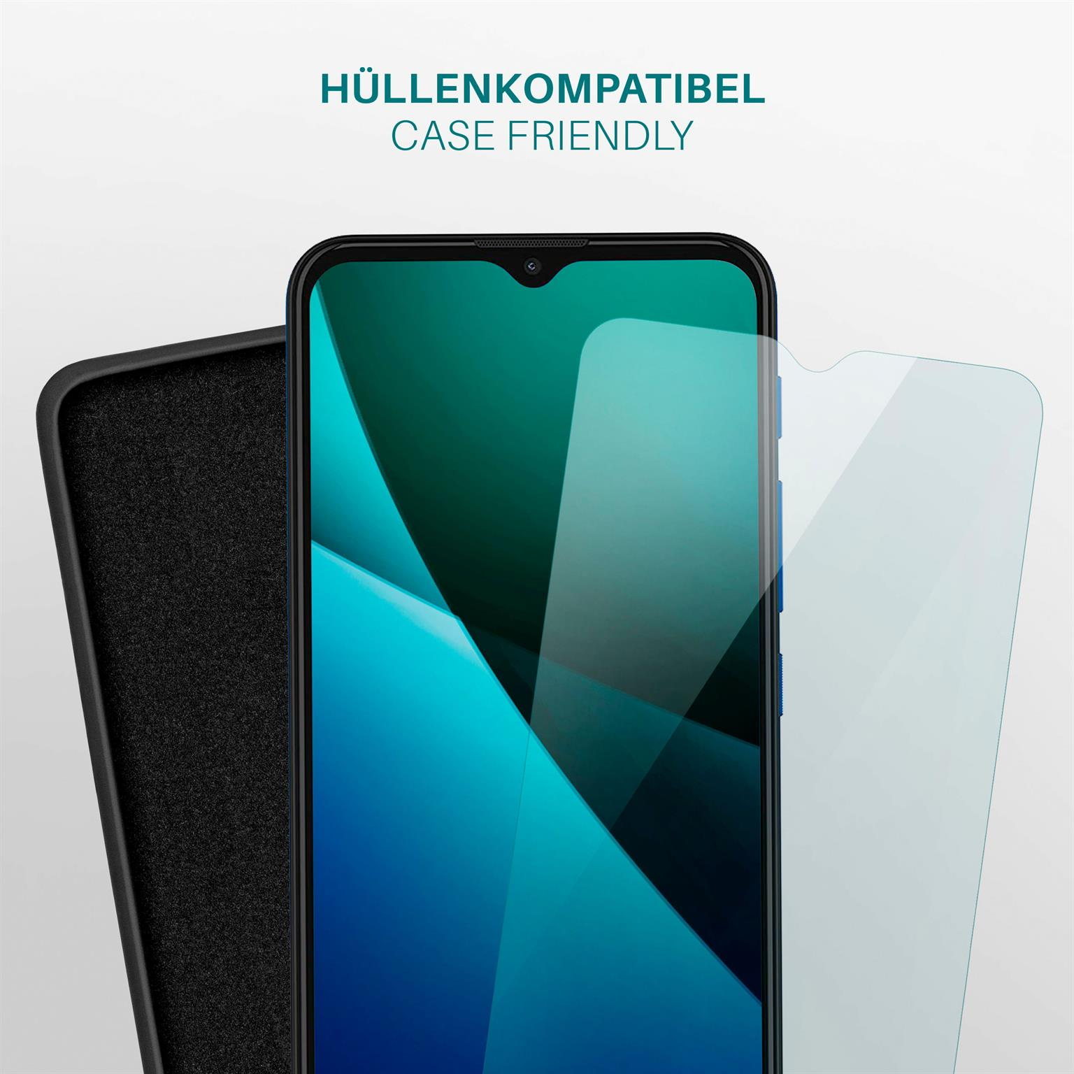 Handy-Displayschutz und Handy mit Hülle. Blauer Bildschirm auf dem Handy.