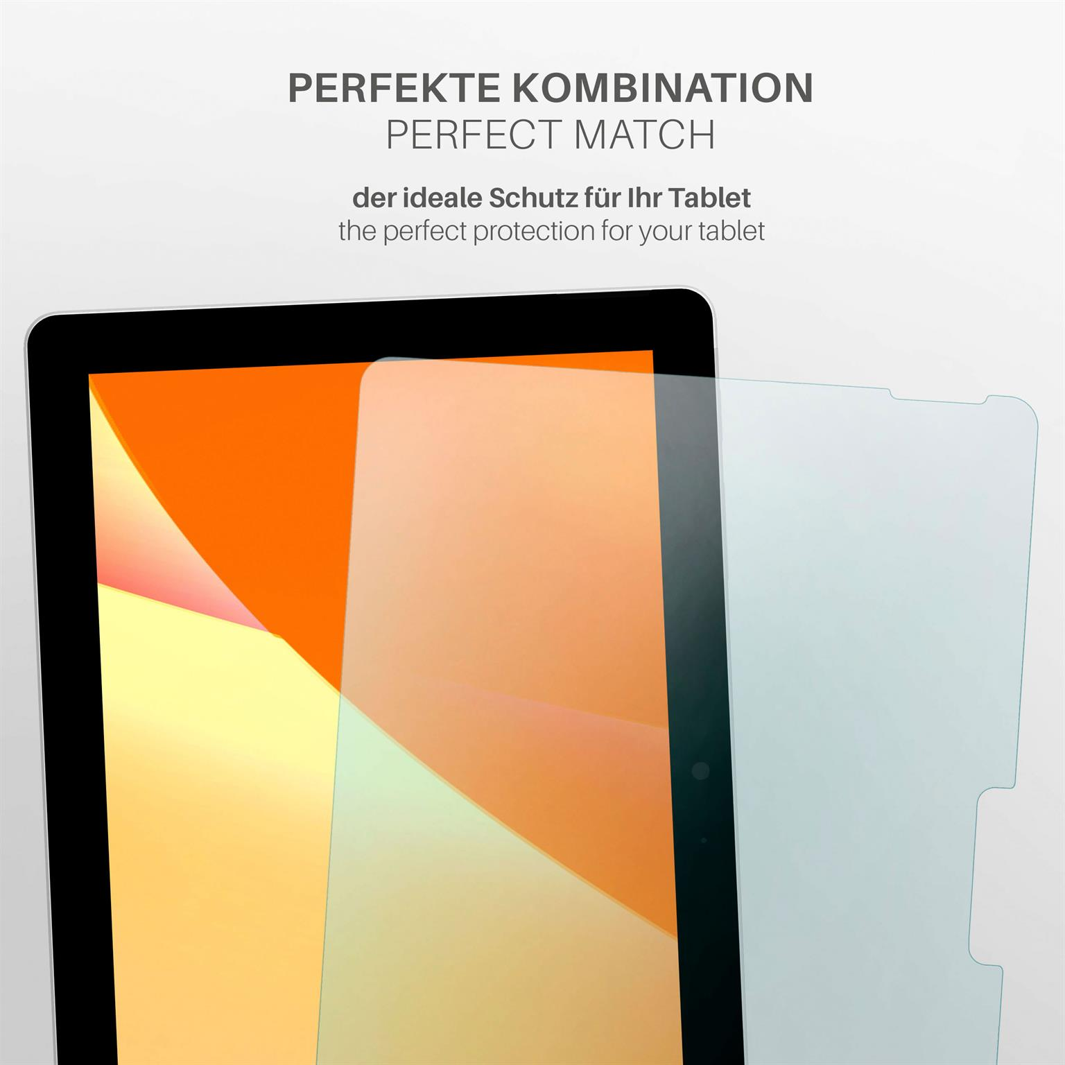 Tablet mit aufgebrachter Displayschutzfolie, daneben eine separate Schutzfolie. Die Szene ist vor weißem Hintergrund.