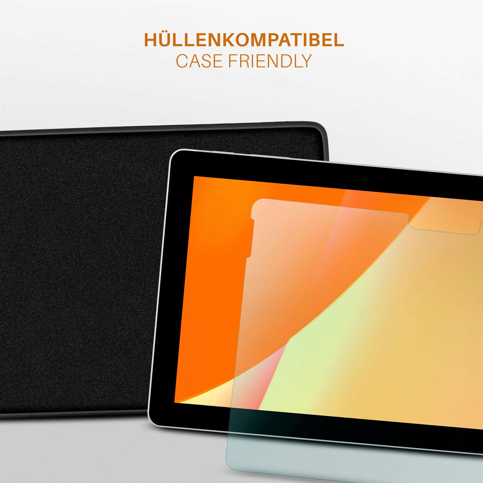 Ein Tablet mit Displayschutzfolie in einer Hülle. Text sagt 'hüllenkompatibel'.