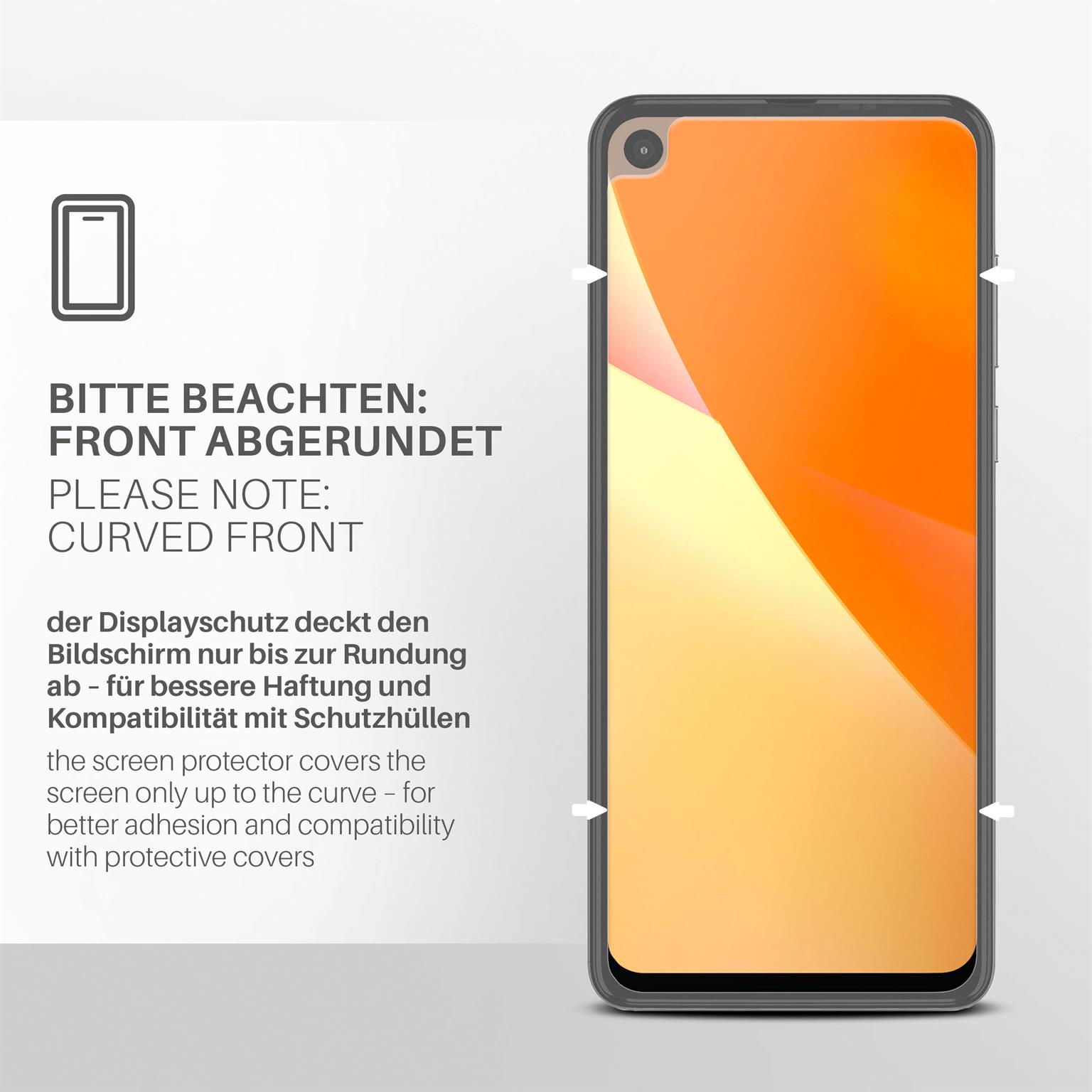 Ein Telefon mit orangefarbenem Bildschirm wird gezeigt. Das Telefon befindet sich in einem grauen Gehäuse. Oben steht 'Curved Front'.