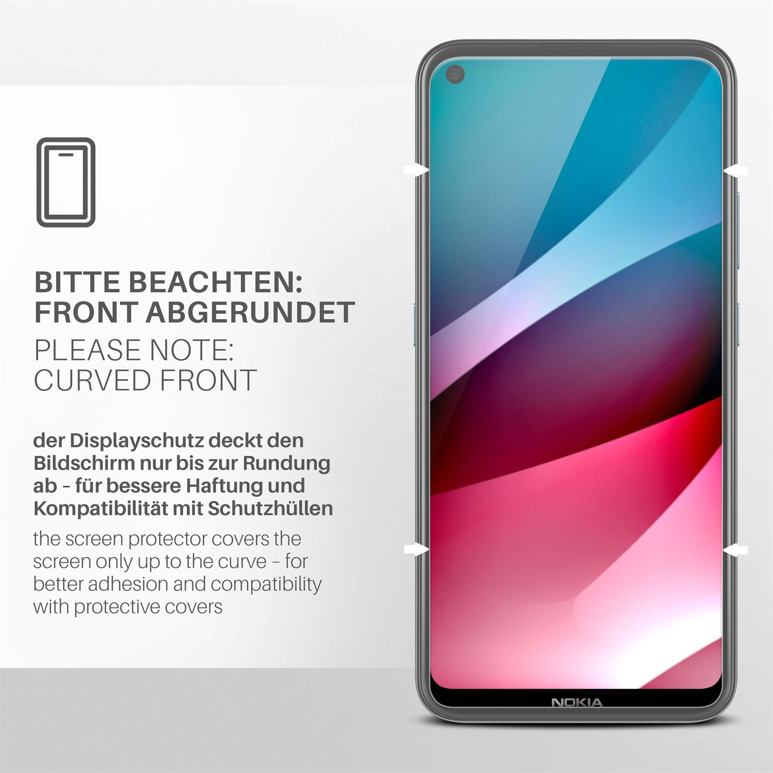 Ein Telefonbildschirm wird mit einem Hinweis angezeigt: Gebogene Front. Der Displayschutz bedeckt den Bildschirm nur bis zur Rundung.