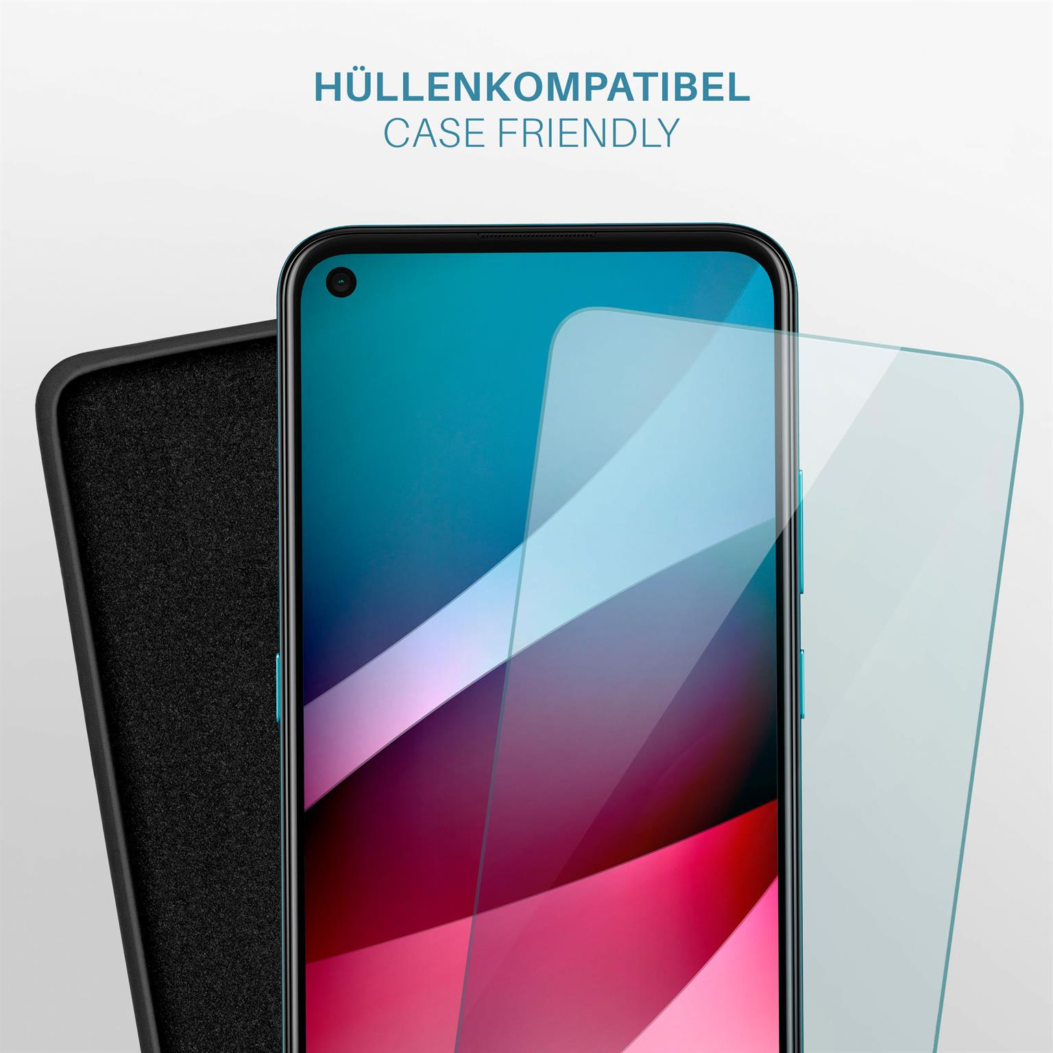 Telefon mit Displayschutzfolie und Hülle daneben. Text: Hüllenkompatibel.