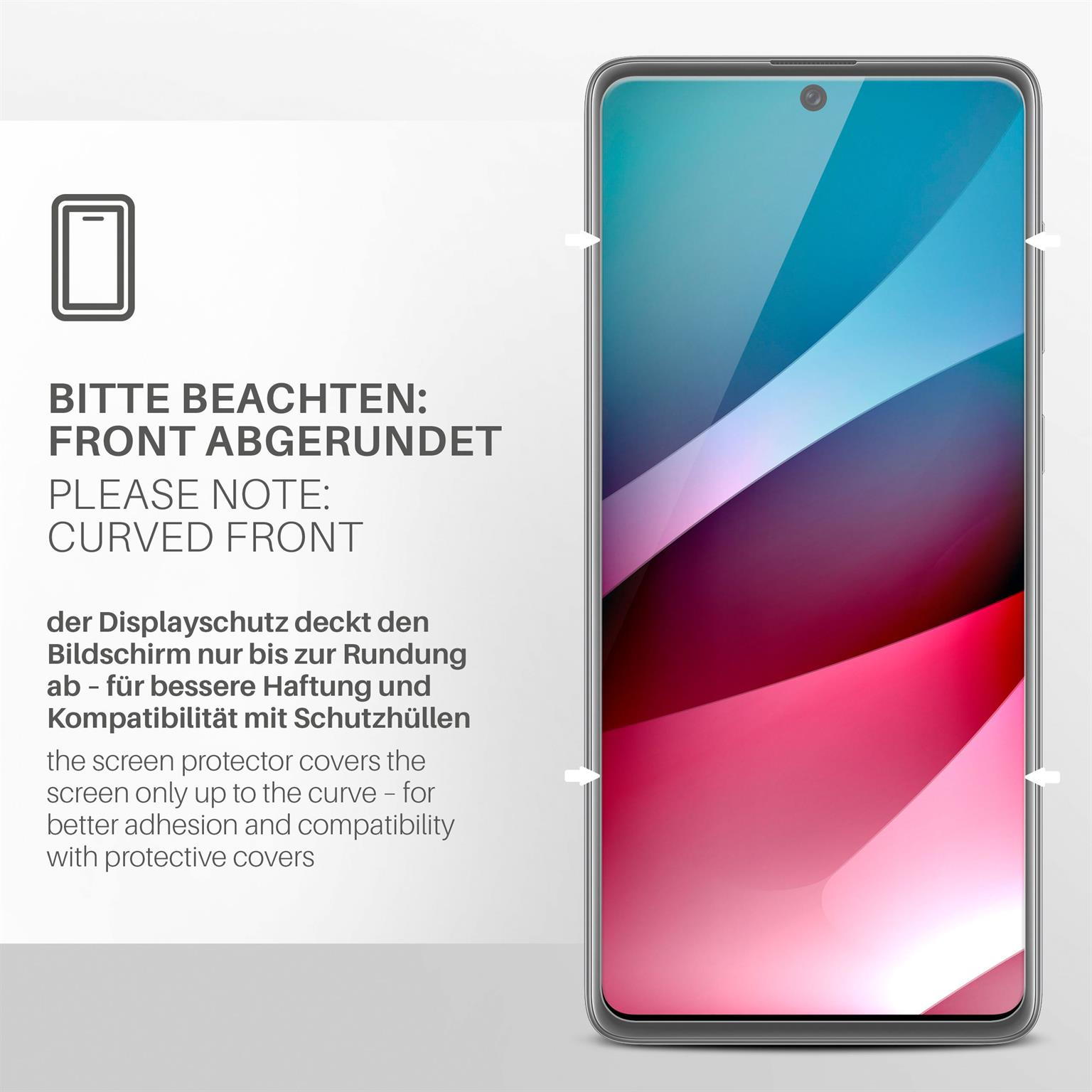 Telefonbildschirm mit abgerundeten Kanten. Text über Displayschutzfolie.