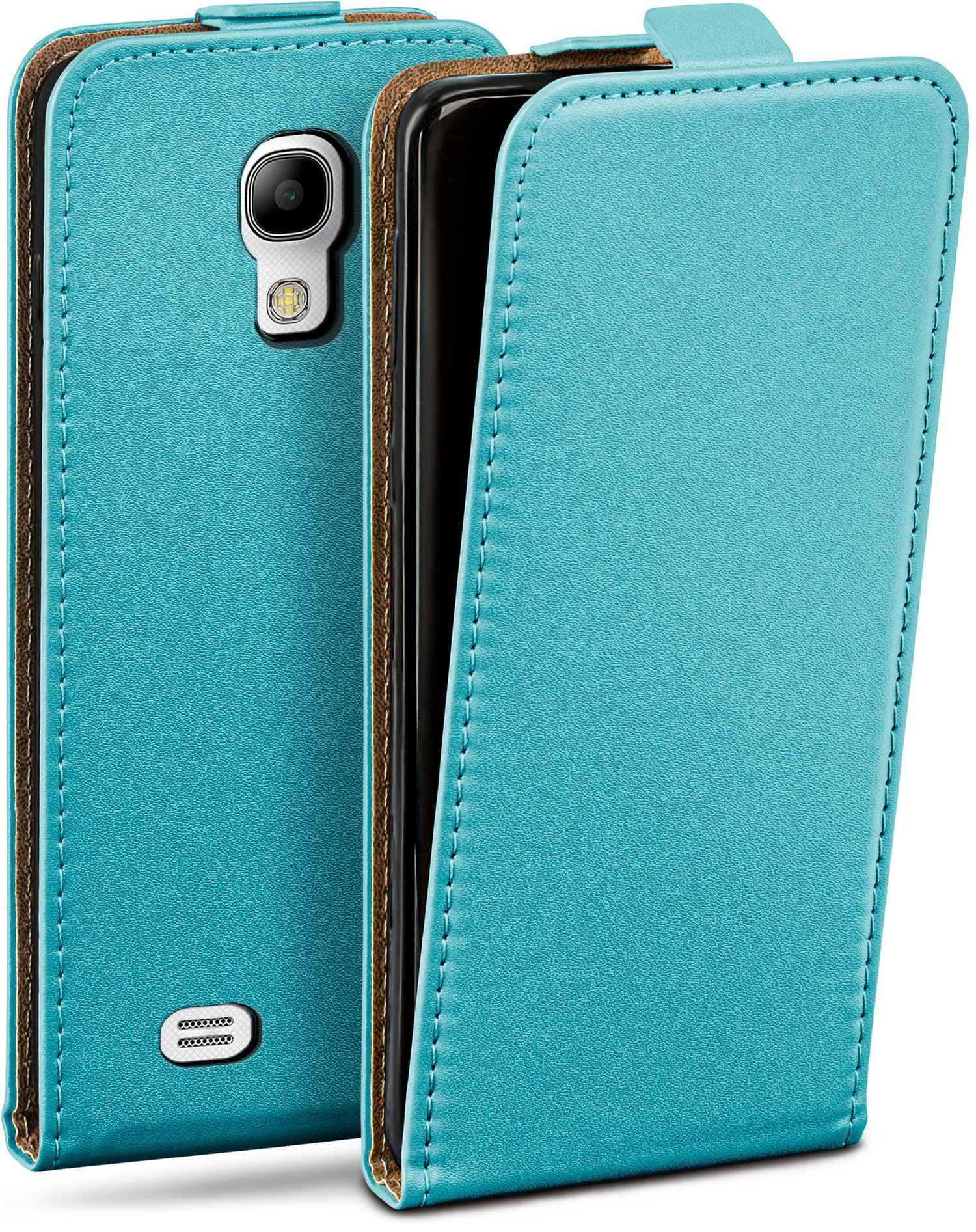 Türkisfarbenes Telefon mit türkisfarbener Leder-Klapphülle, geöffnet.