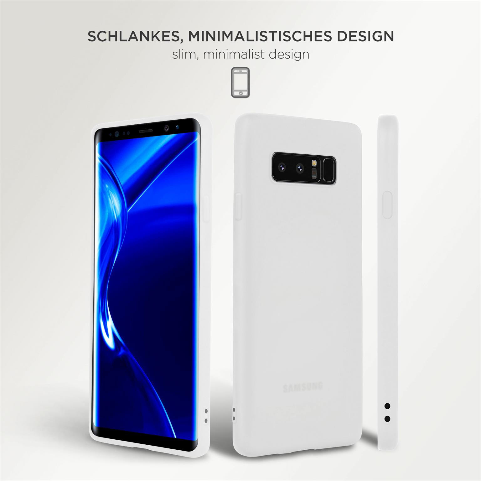 Drei weiße Handyhüllen, eine mit blauem Bildschirm. Text: 'Schlankes, minimalistisches Design'.