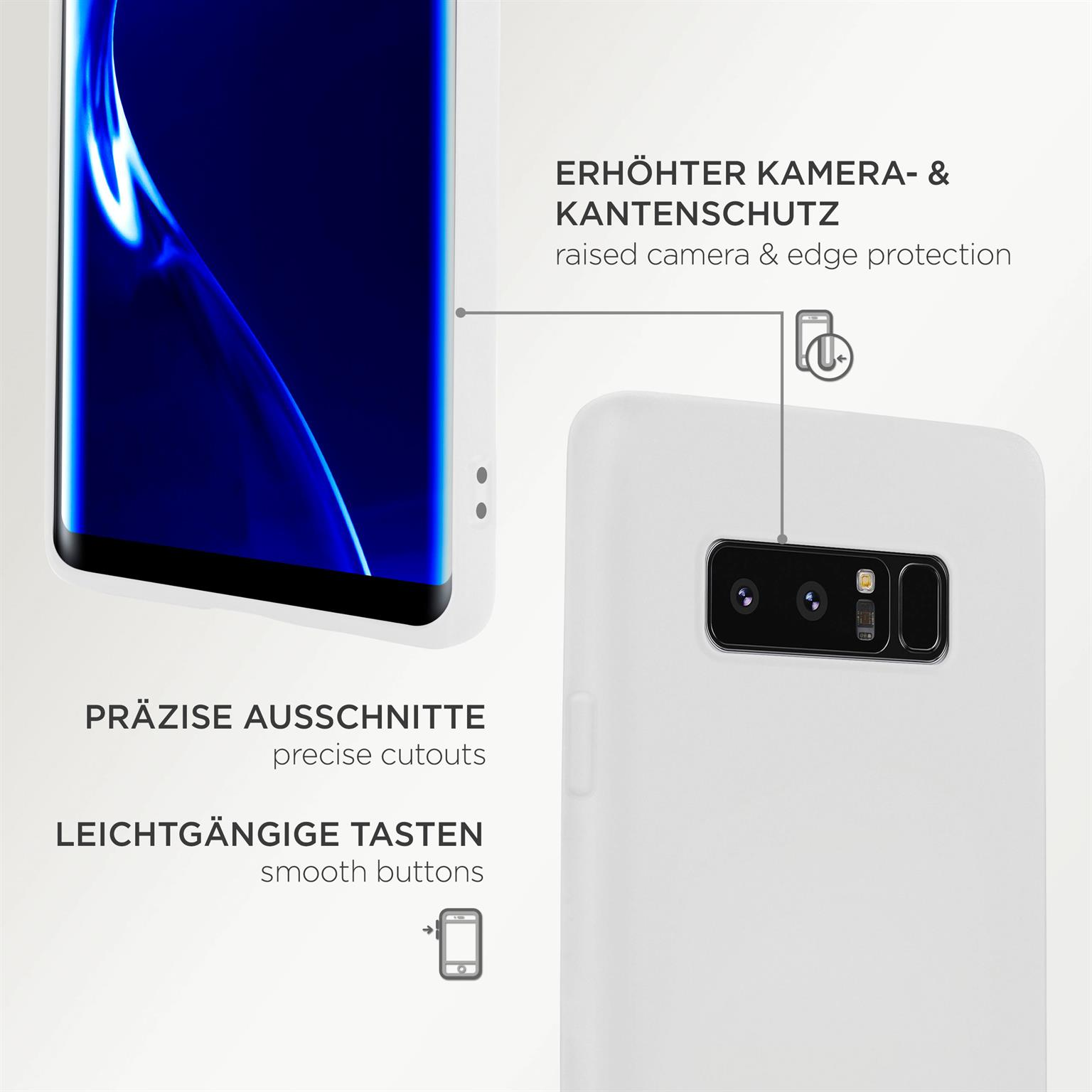 Eine weiße Handyhülle und ein Telefon werden angezeigt. Das Telefon zeigt die Kamera und präzise Ausschnitte.