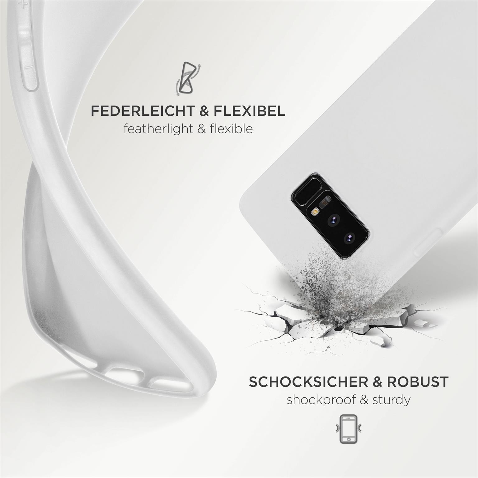 Weißes Telefon und eine flexible Hülle. Text: federleicht & flexibel, stoßsicher & robust.