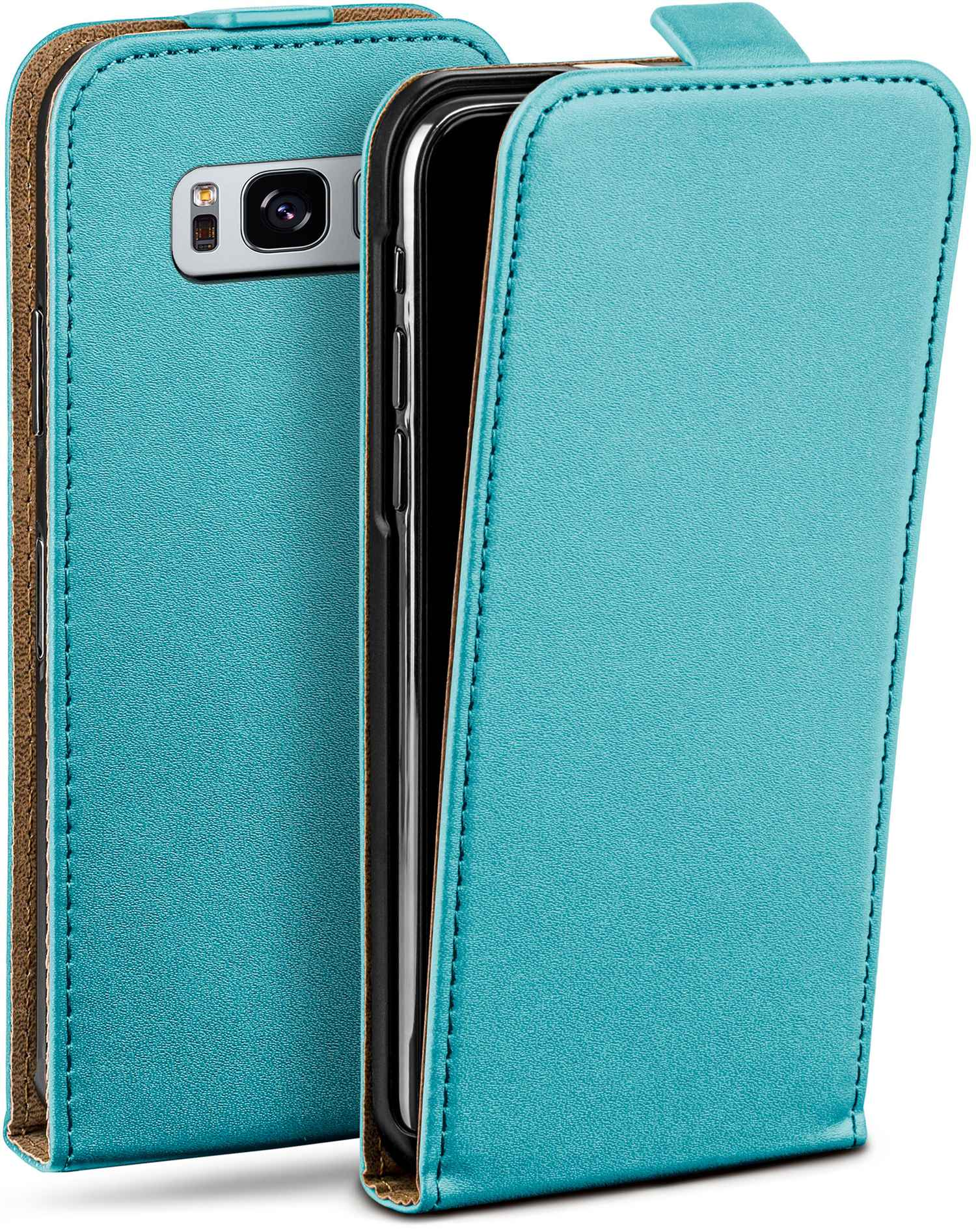 Türkisfarbene Leder-Handyhülle mit geöffneter Klappe, die ein Telefon zeigt.