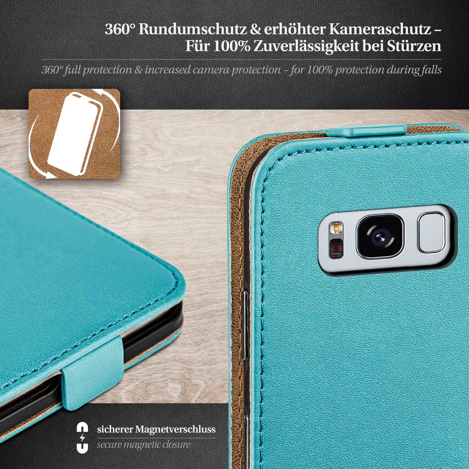 Eine hellblaue Handyhülle mit einem Telefon darin, das die Kamera zeigt, und einem sicheren Magnetverschluss.