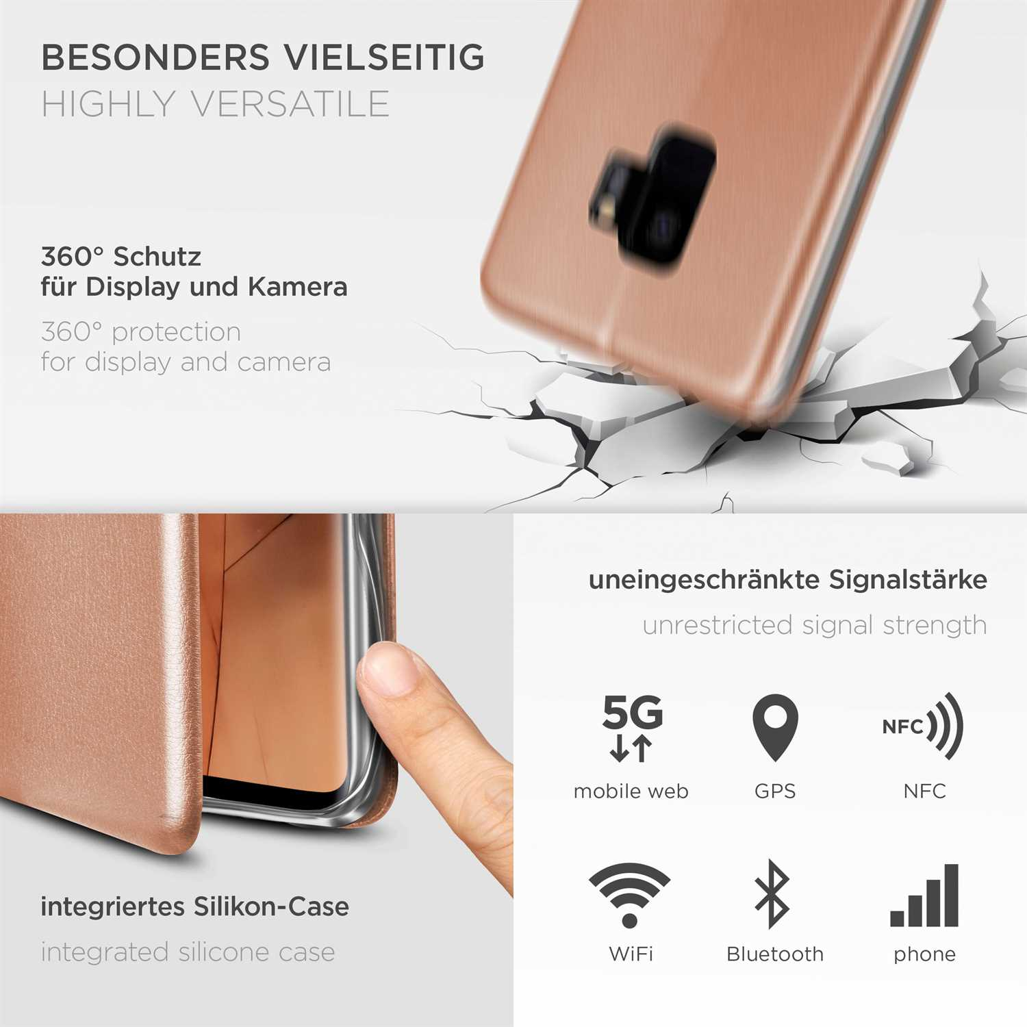 Handyhülle mit Silikon-Case innen. Text erwähnt 360° Schutz für Display und Kamera.