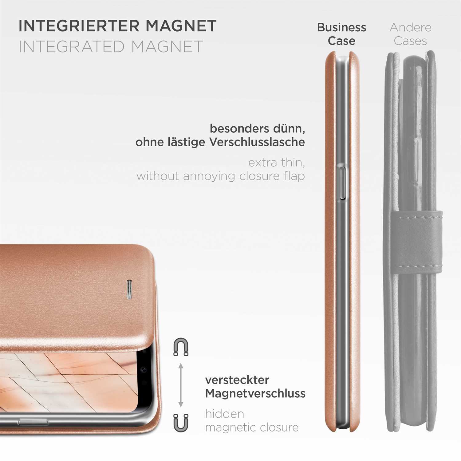 Eine roségoldene Handyhülle, offen, zeigt ein Telefon und eine graue Hülle rechts. Magnetverschluss.