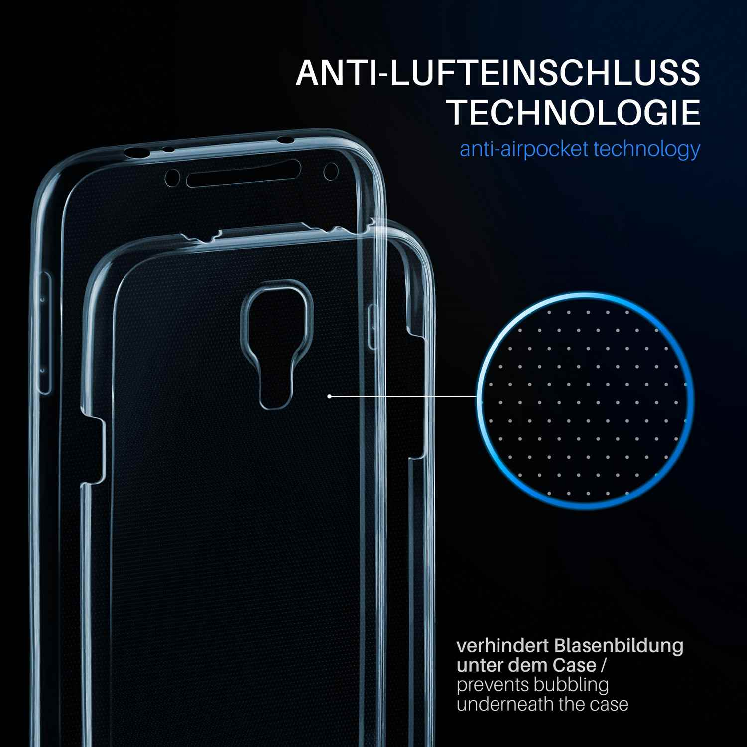 Zwei klare Displayschutzfolien. Eine liegt auf der anderen. Text über Technologie.