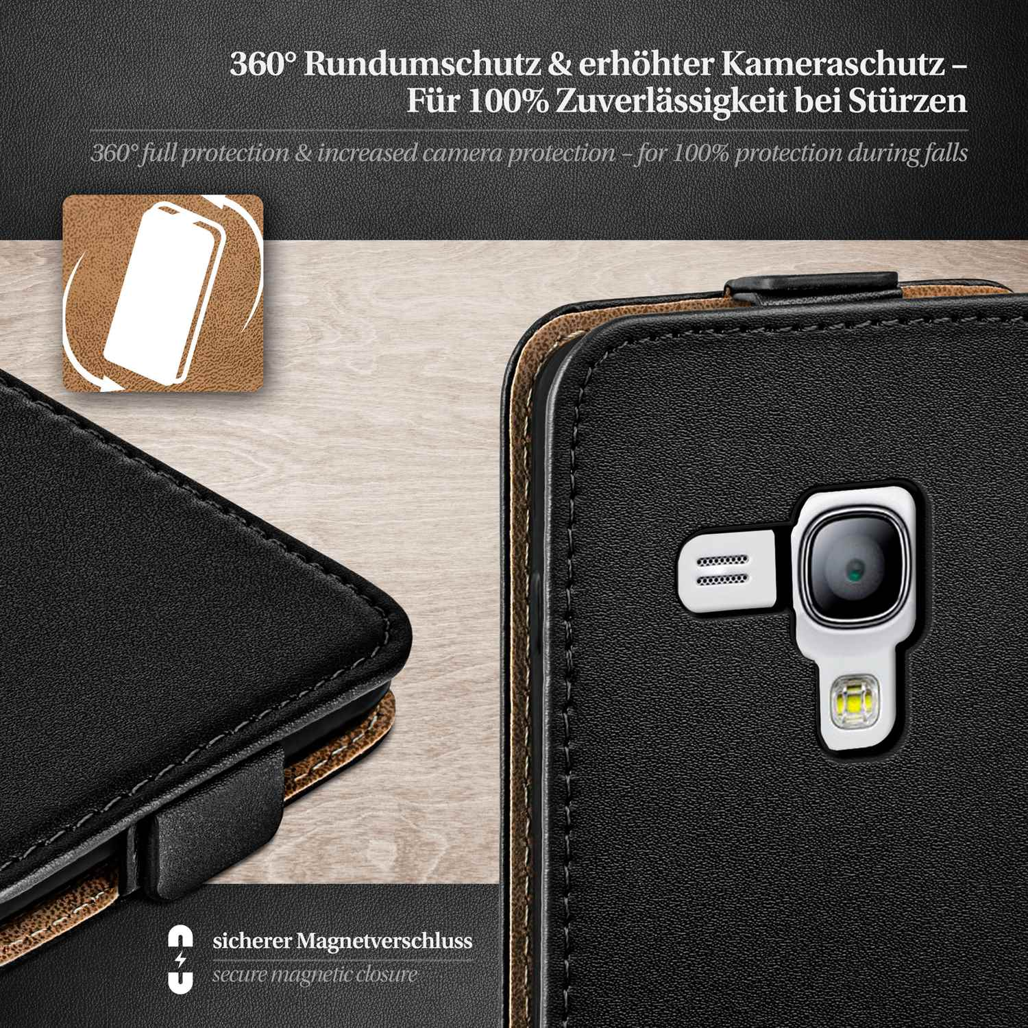 Schwarze Handyhülle mit Telefon. Text oben, und Magnetverschluss.