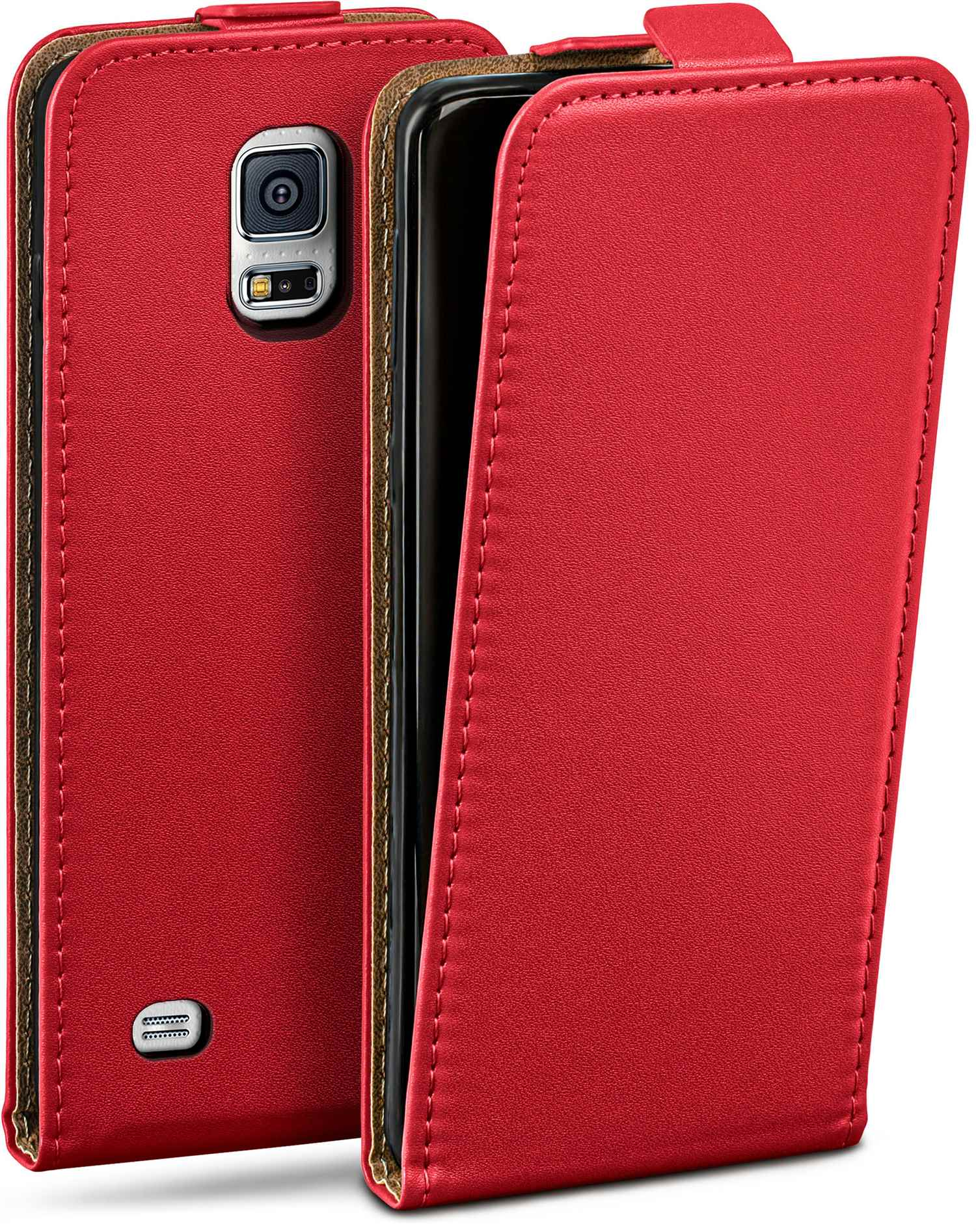 Rote Leder-Handyhülle, offen. Ein Telefon ist drin.