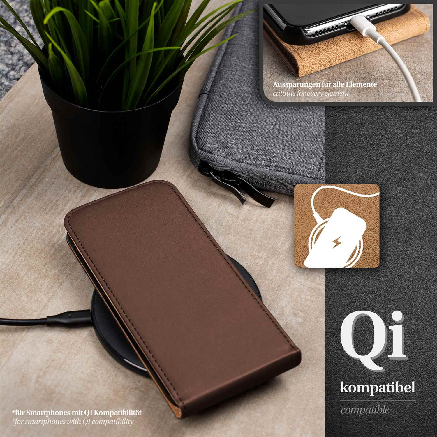 Telefon in brauner Hülle auf kabellosem Ladegerät neben Pflanze und Tasche. Qi-kompatibel.