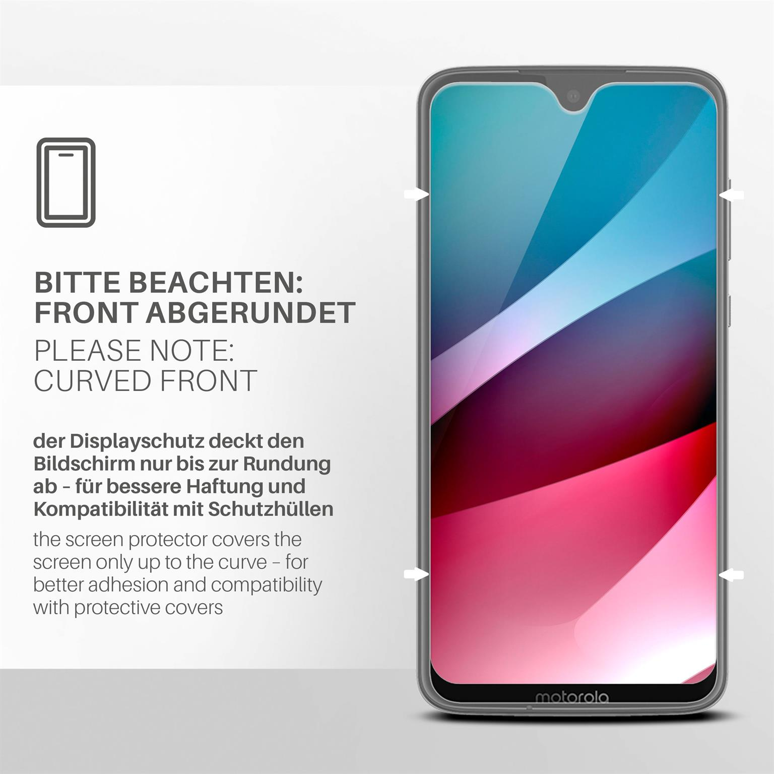 Telefonschirm mit blauem und rotem Farbverlauf, mit Text links und Motorola-Logo.